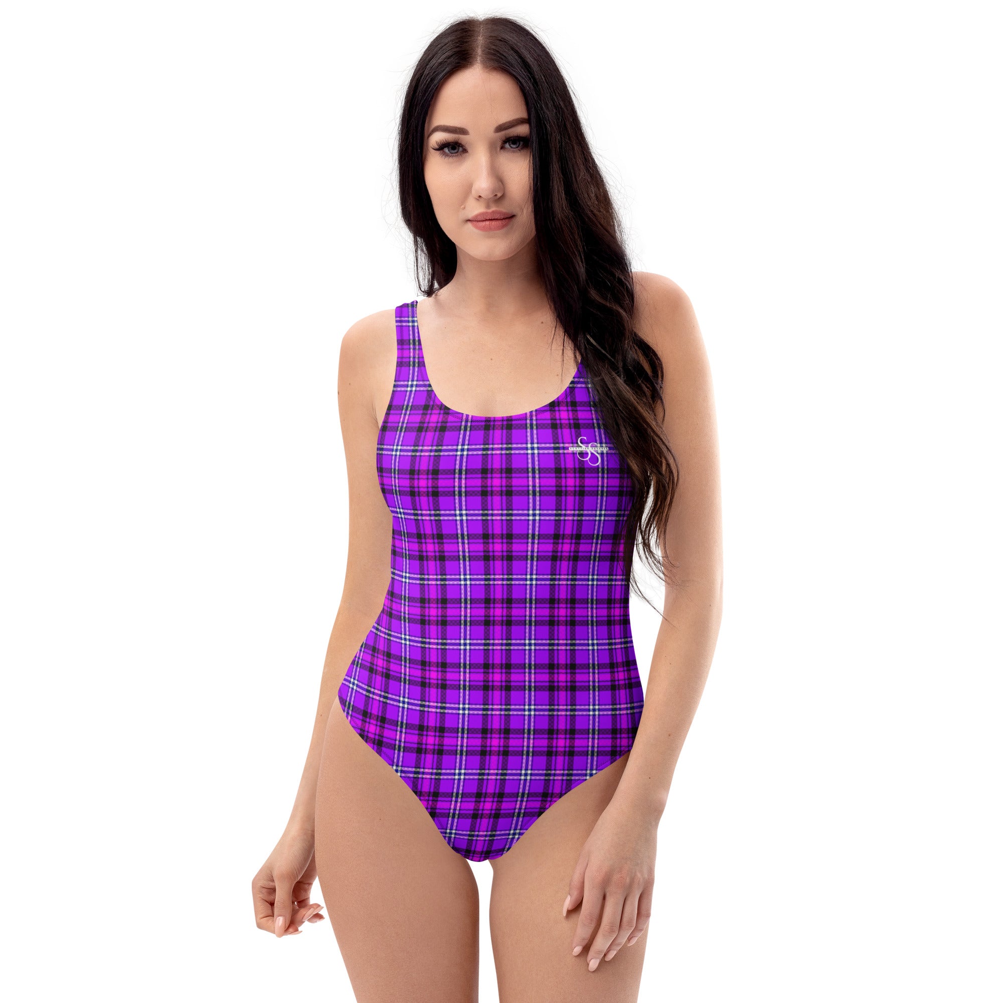 One-Piece Swimsuit Electric Violet and Fuchsia Plaid - Scottish Squares