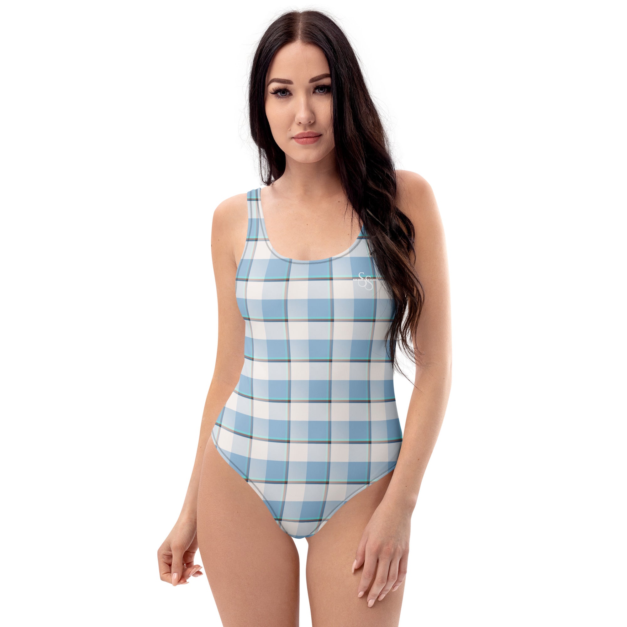 One-Piece Swimsuit Pink Cloud and Blue Lagoon Plaid - Scottish Squares