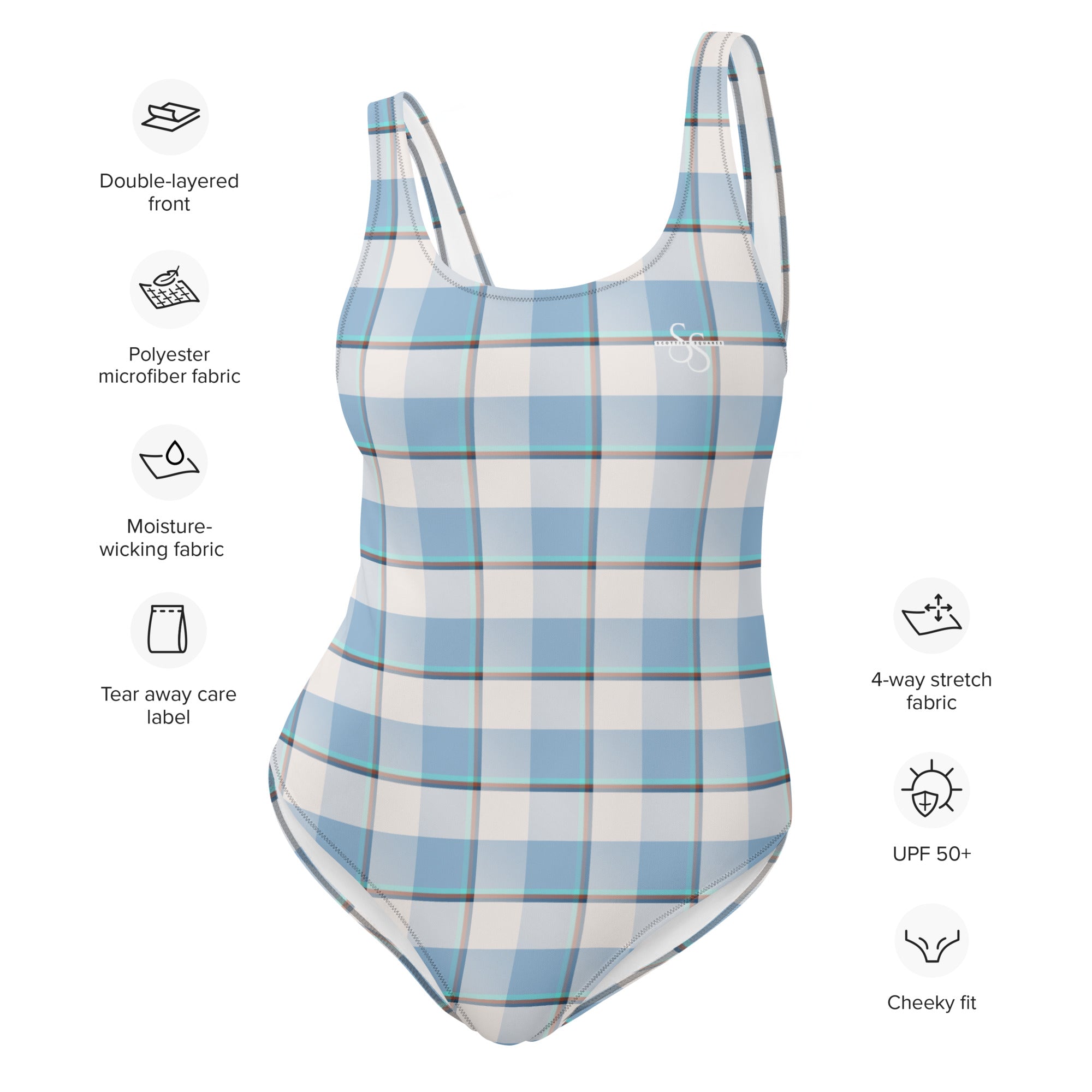 One-Piece Swimsuit Pink Cloud and Blue Lagoon Plaid - Scottish Squares