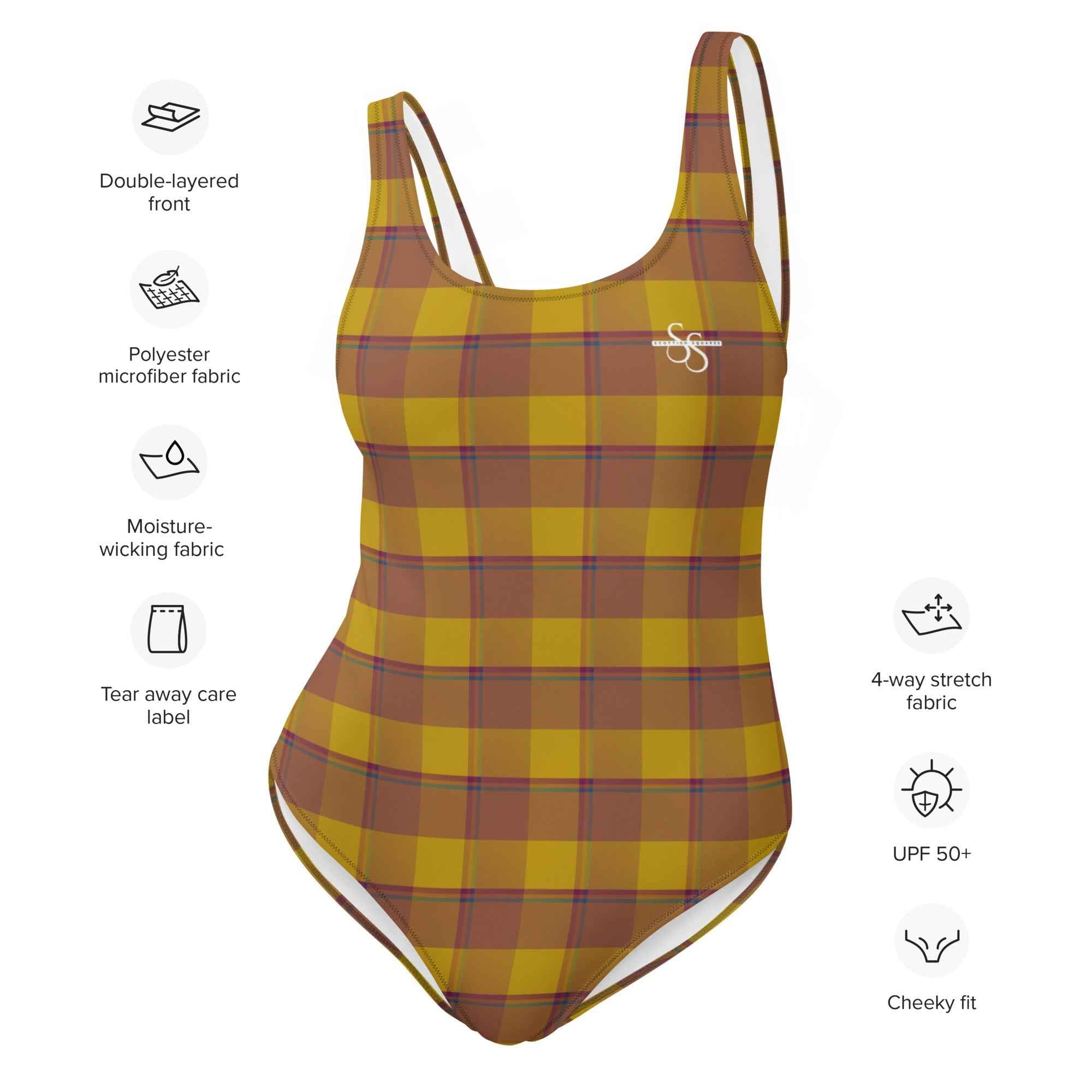 One-Piece Swimsuit Potters Clay and Pizza Plaid - Scottish Squares