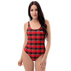 One-Piece Swimsuit Red Ribbon and Heavy Metal Plaid - Scottish Squares