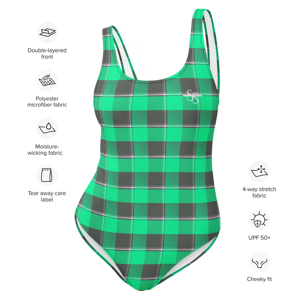 One-Piece Swimsuit Spring Green and Finlandia Plaid - Scottish Squares