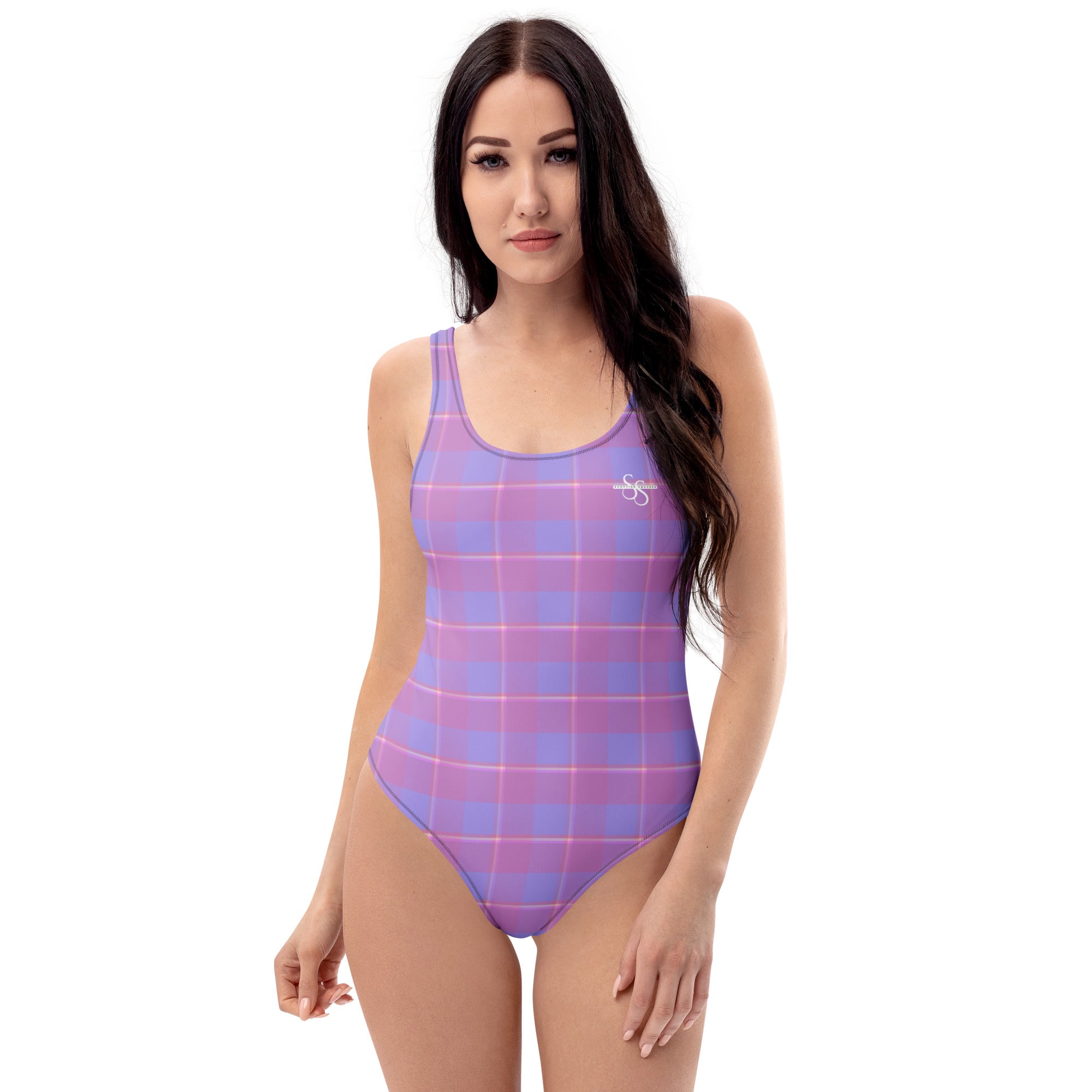 One-Piece Swimsuit Viola and Dull Lavender Plaid - Scottish Squares