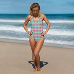 One-Piece Swimsuit Vista Blue and Turkish Rose Plaid 3XL - Scottish Squares