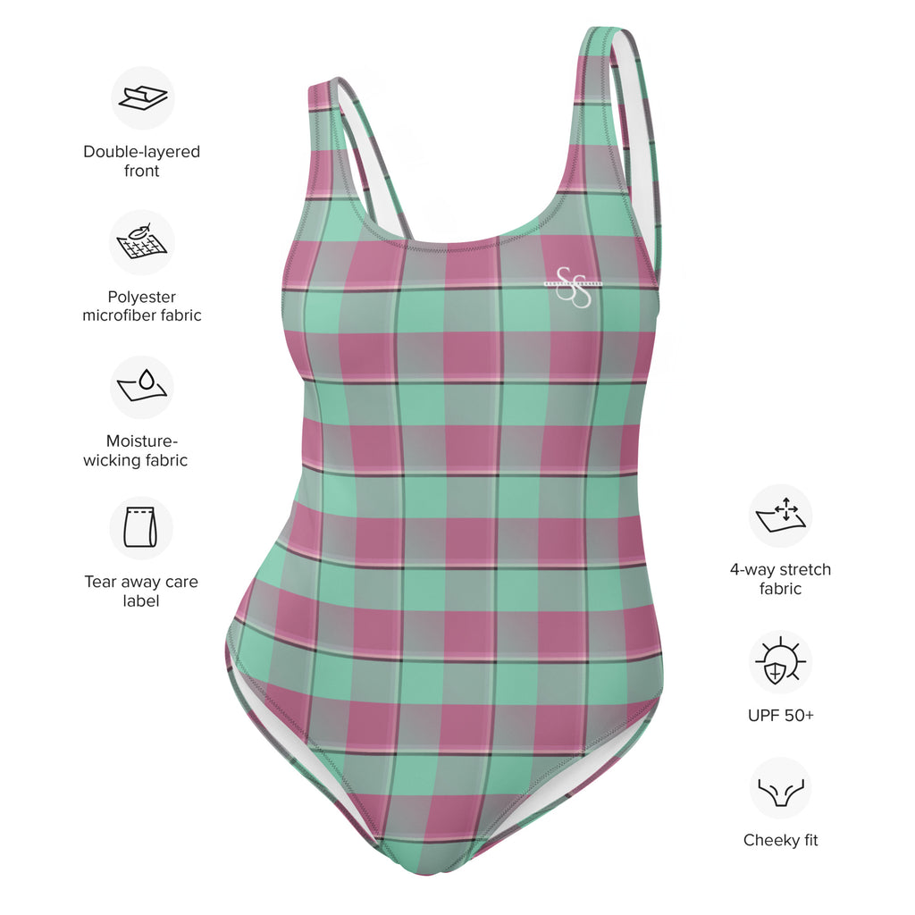 One-Piece Swimsuit Vista Blue and Turkish Rose Plaid - Scottish Squares