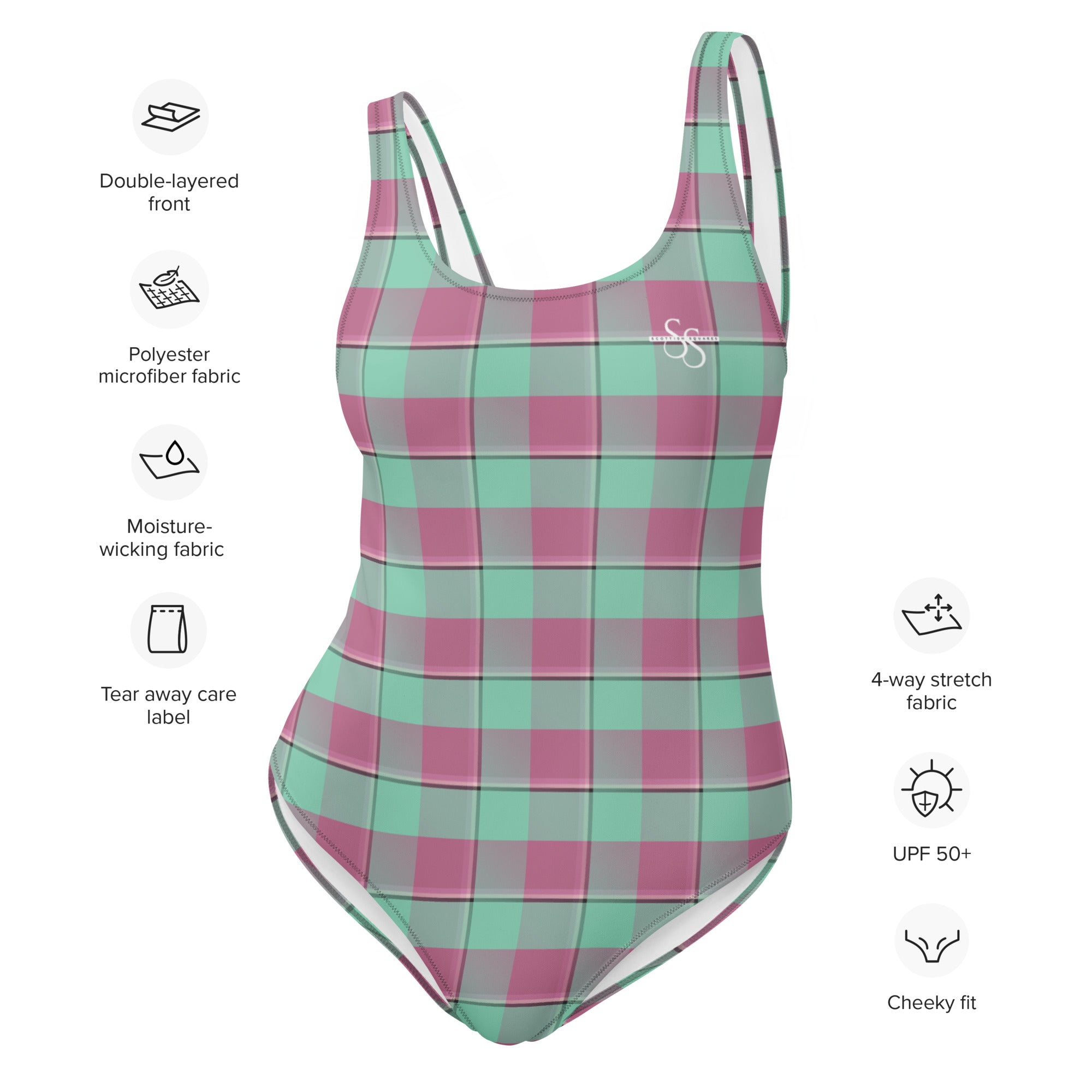 One-Piece Swimsuit Vista Blue and Turkish Rose Plaid - Scottish Squares