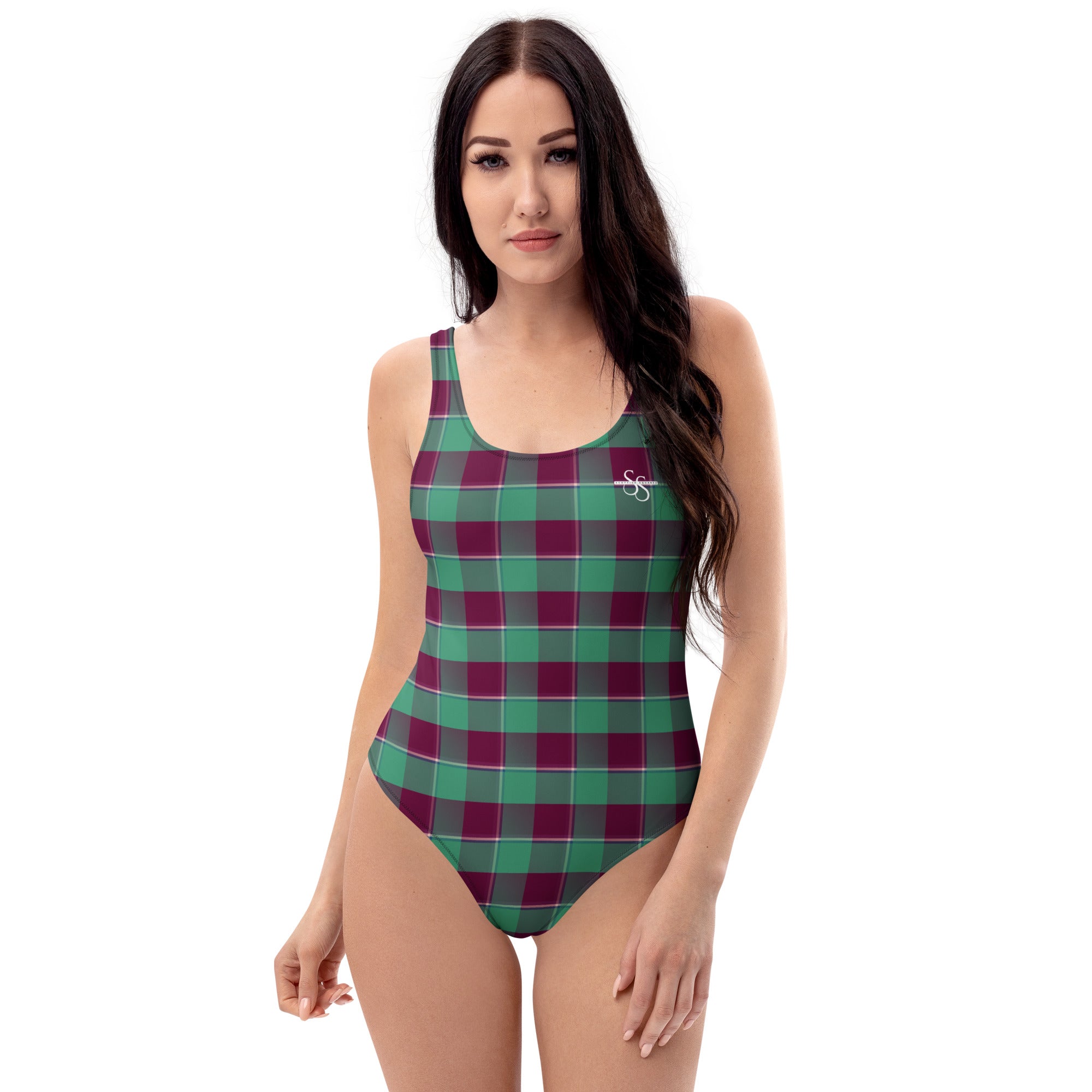 One-Piece Swimsuit Ocean Green and Mulberry Wood Plaid - Scottish Squares