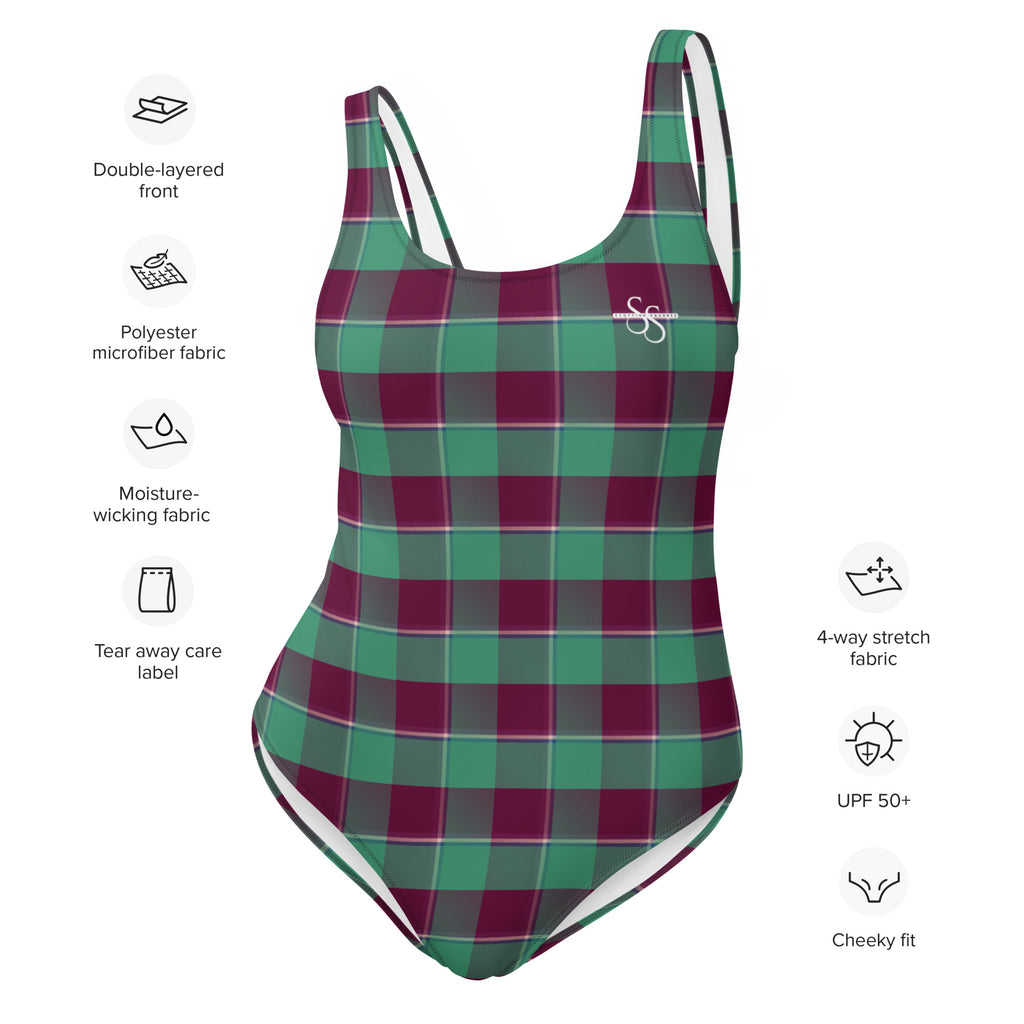 One-Piece Swimsuit Ocean Green and Mulberry Wood Plaid - Scottish Squares
