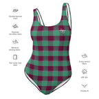 One-Piece Swimsuit Ocean Green and Mulberry Wood Plaid - Scottish Squares