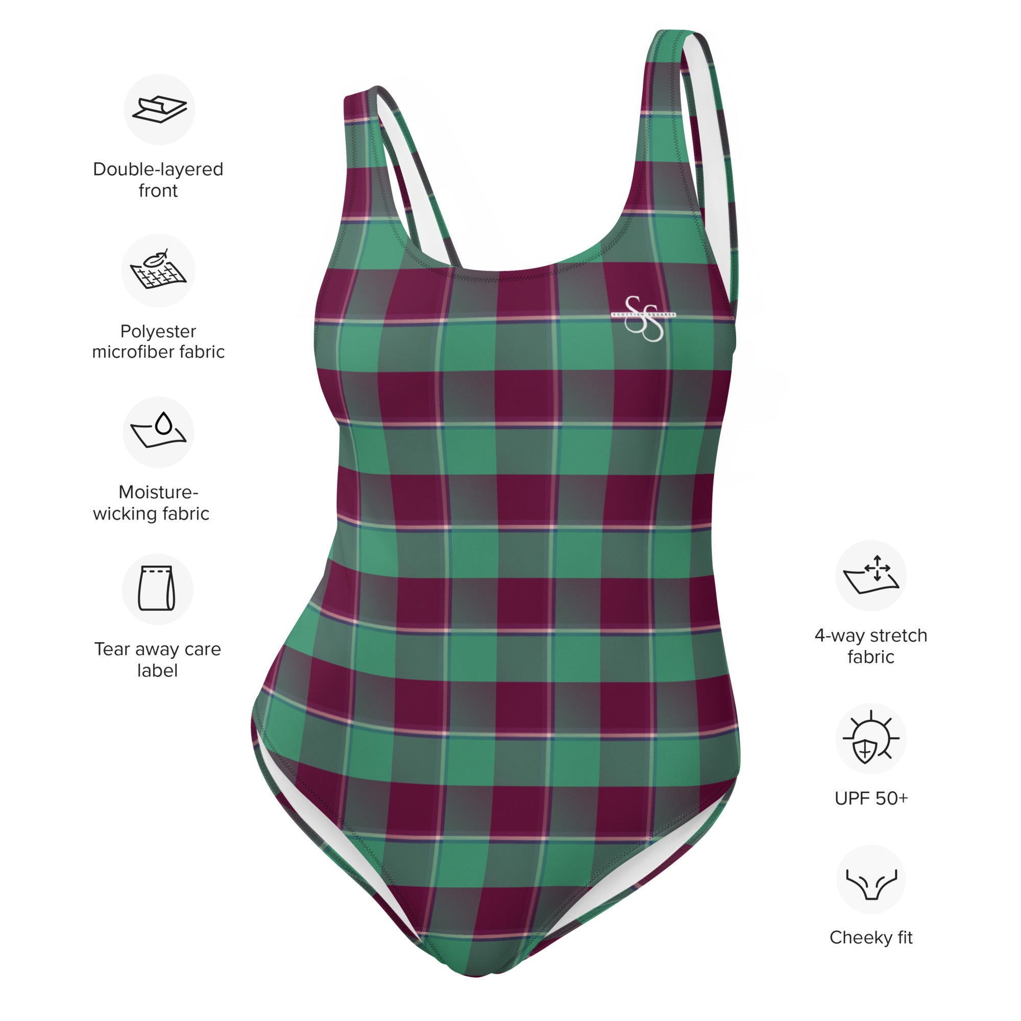 One-Piece Swimsuit Ocean Green and Mulberry Wood Plaid - Scottish Squares