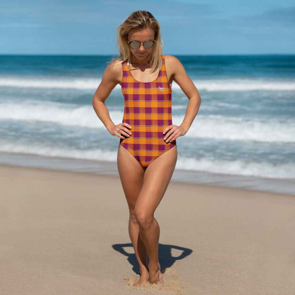 One-Piece Swimsuit Tahiti Gold and Rose Bud Cherry Plaid 3XL - Scottish Squares