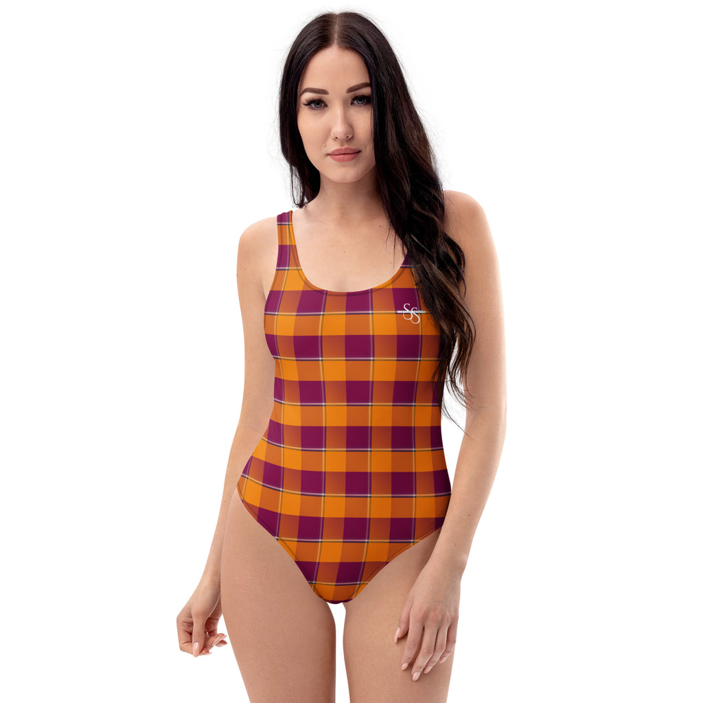 One-Piece Swimsuit Tahiti Gold and Rose Bud Cherry Plaid - Scottish Squares
