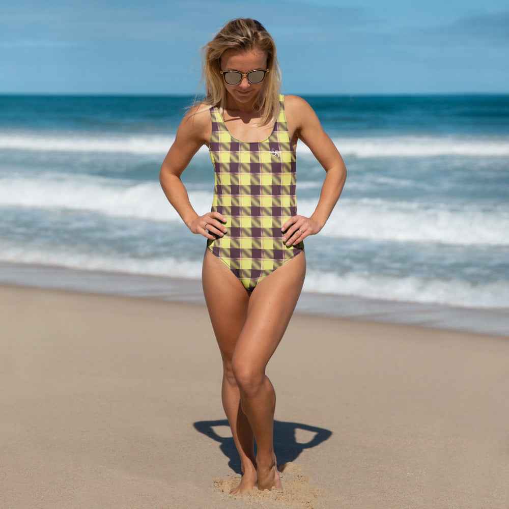 One-Piece Swimsuit Flax and Livid Brown Plaid 3XL - Scottish Squares