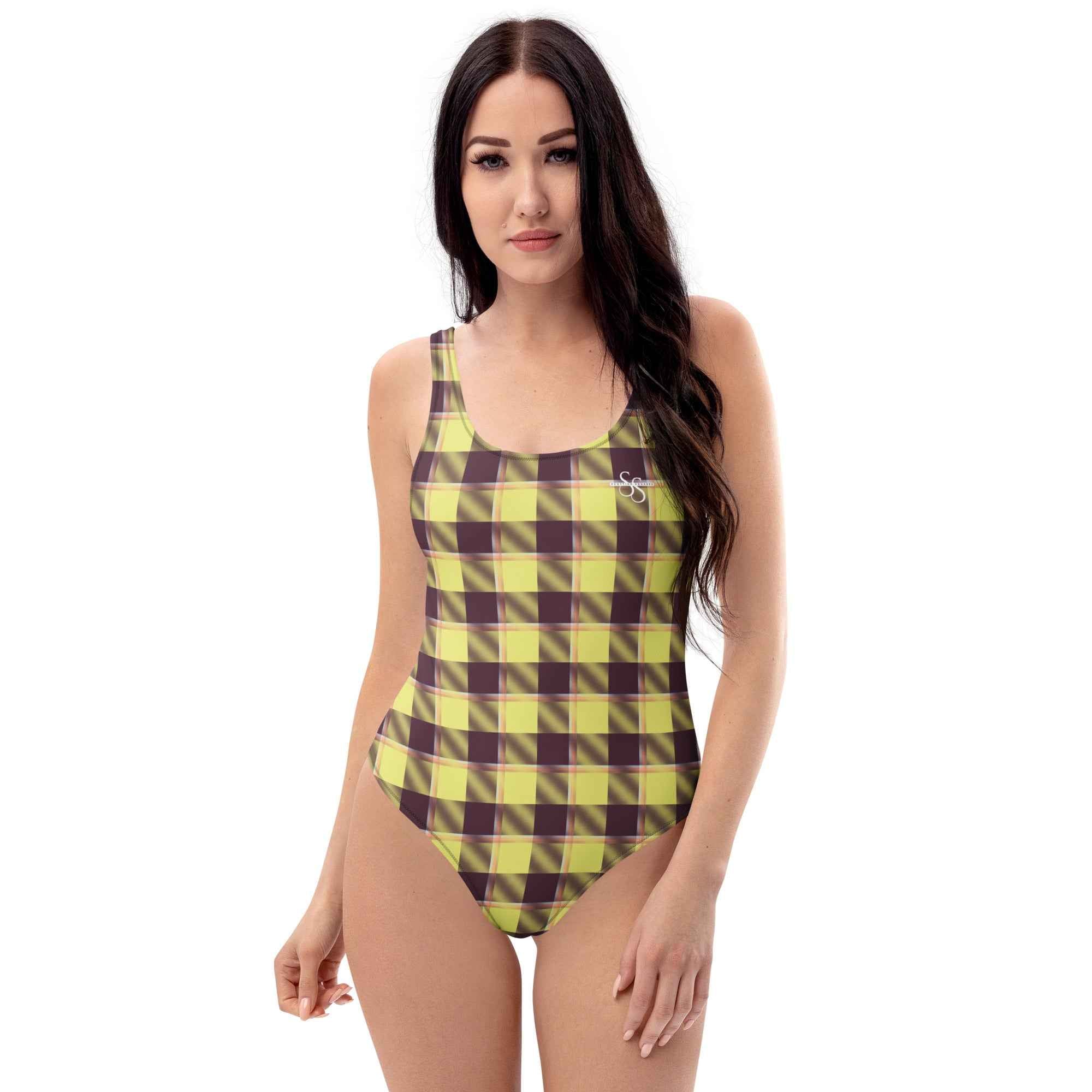 One-Piece Swimsuit Flax and Livid Brown Plaid - Scottish Squares