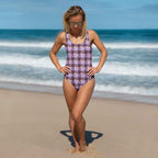One-Piece Swimsuit Light Wisteria and Livid Brown Plaid 3XL - Scottish Squares