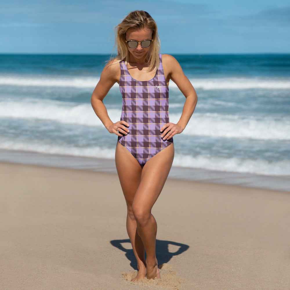 One-Piece Swimsuit Light Wisteria and Livid Brown Plaid 3XL - Scottish Squares