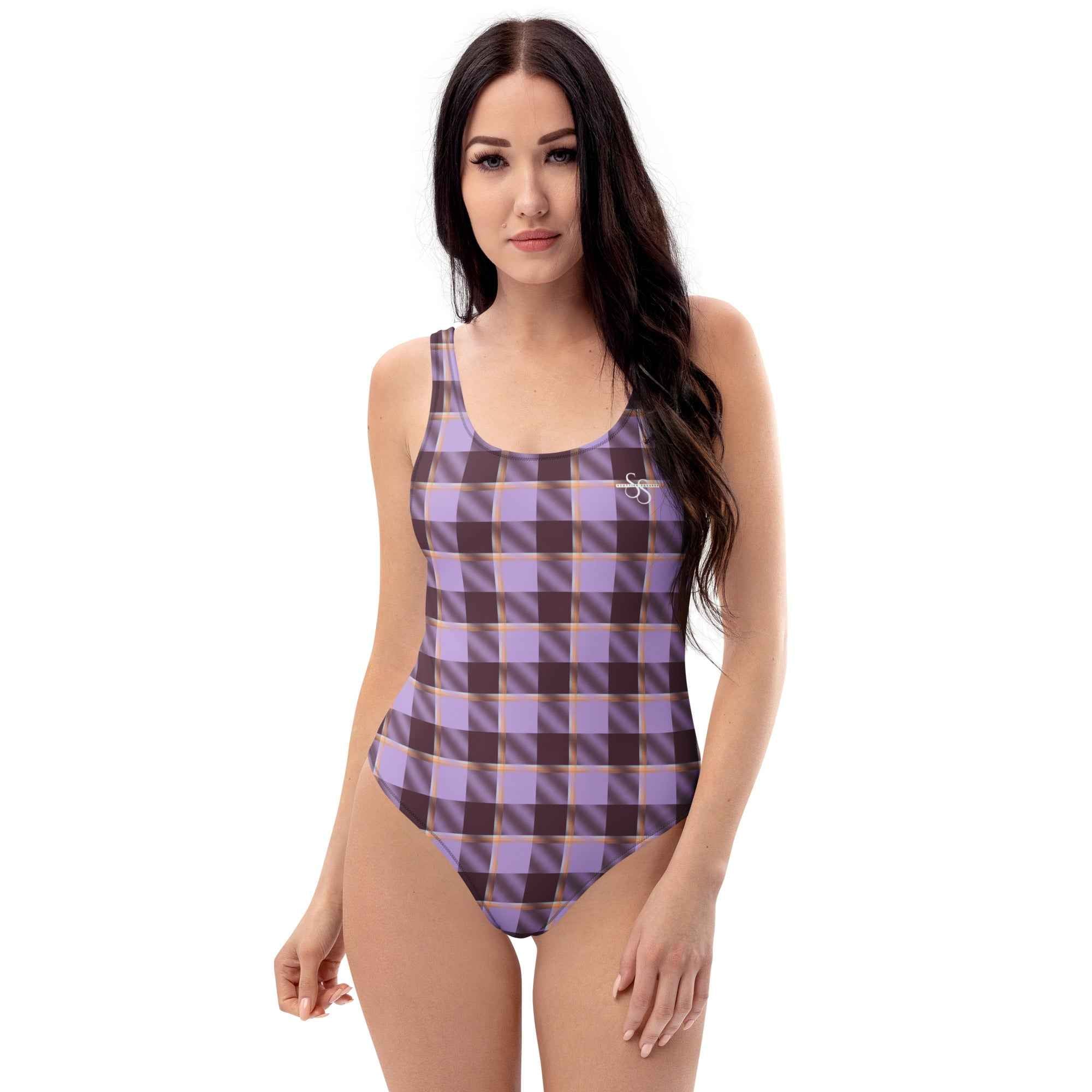 One-Piece Swimsuit Light Wisteria and Livid Brown Plaid - Scottish Squares