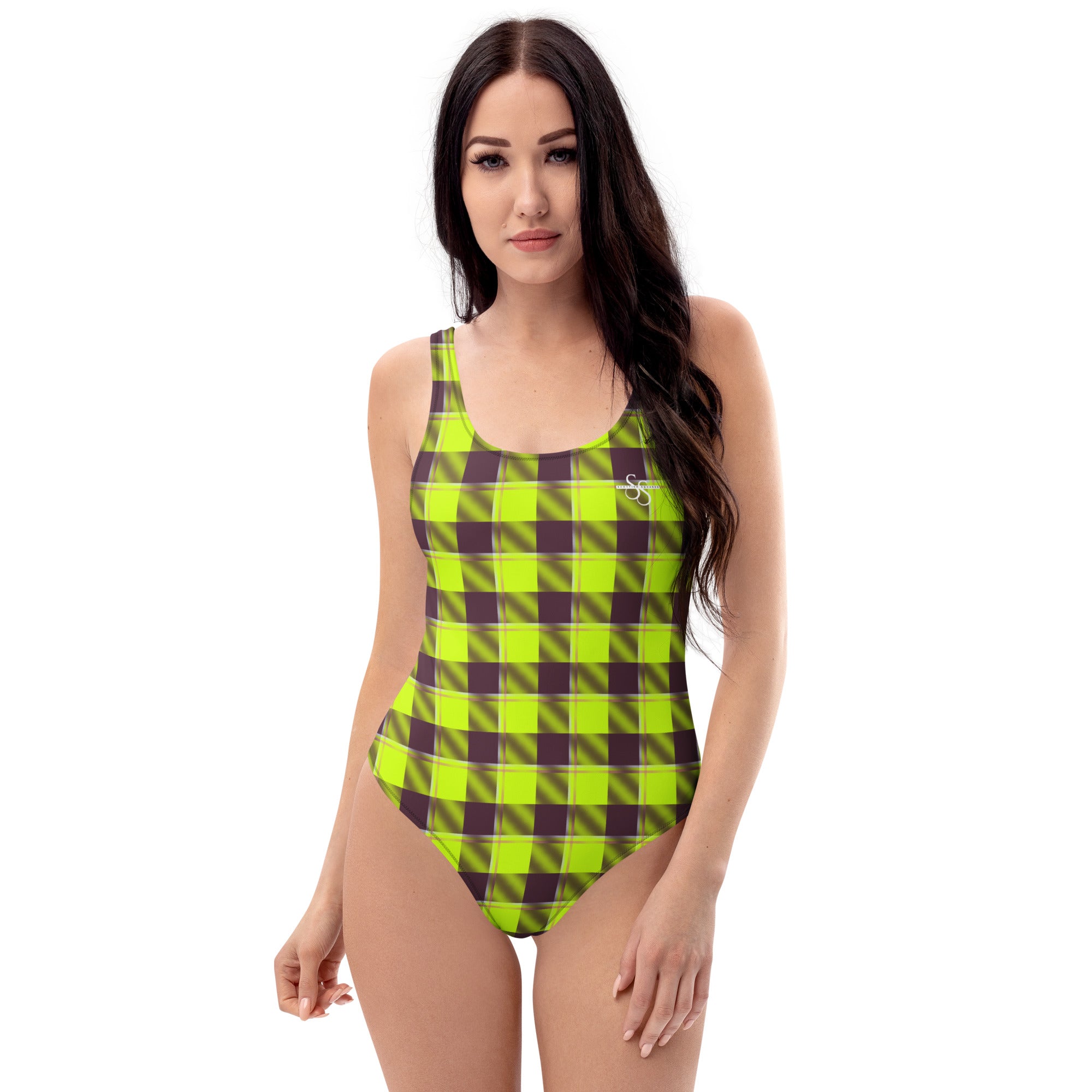 One-Piece Swimsuit Electric Lime and Livid Brown Plaid - Scottish Squares