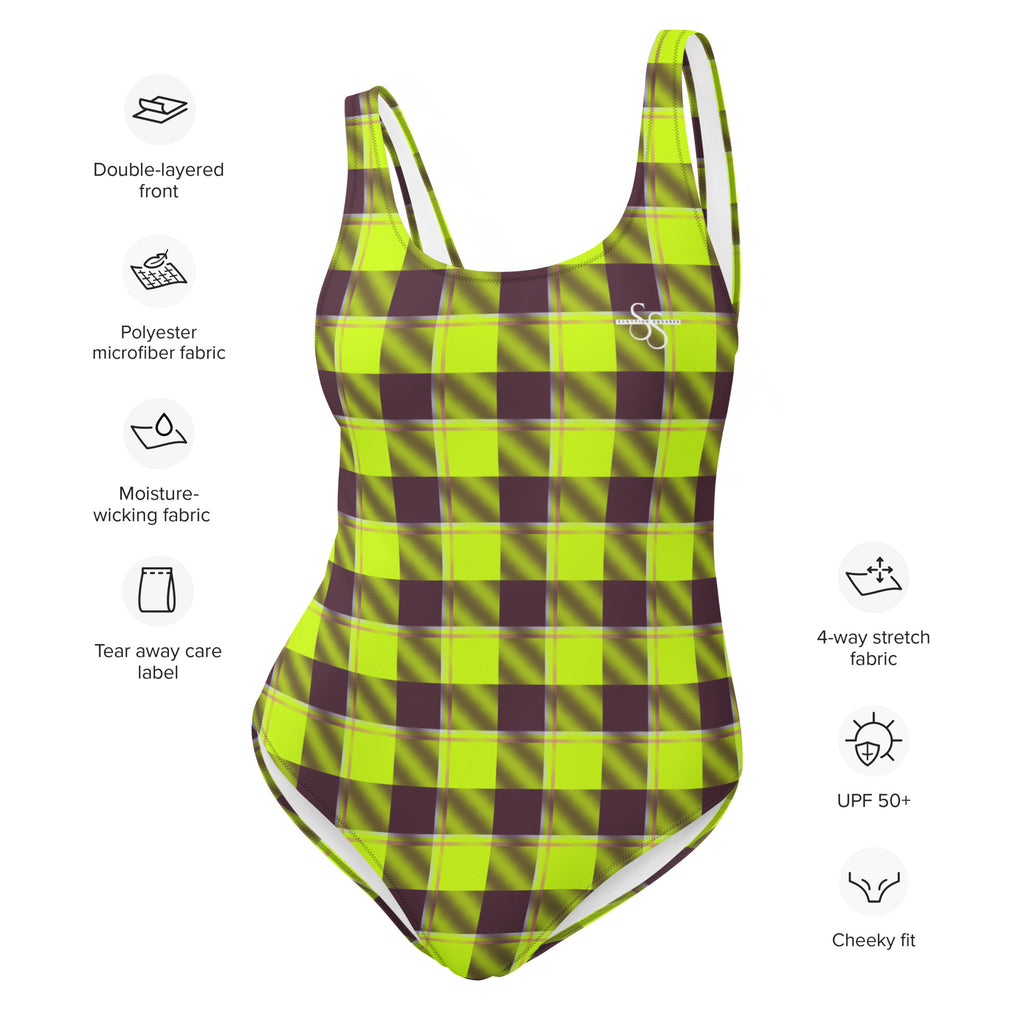 One-Piece Swimsuit Electric Lime and Livid Brown Plaid - Scottish Squares