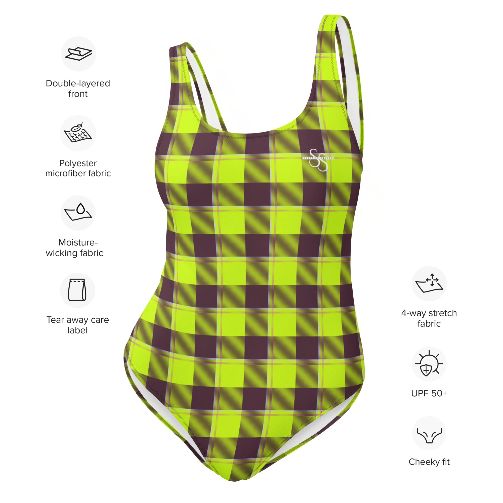 One-Piece Swimsuit Electric Lime and Livid Brown Plaid - Scottish Squares