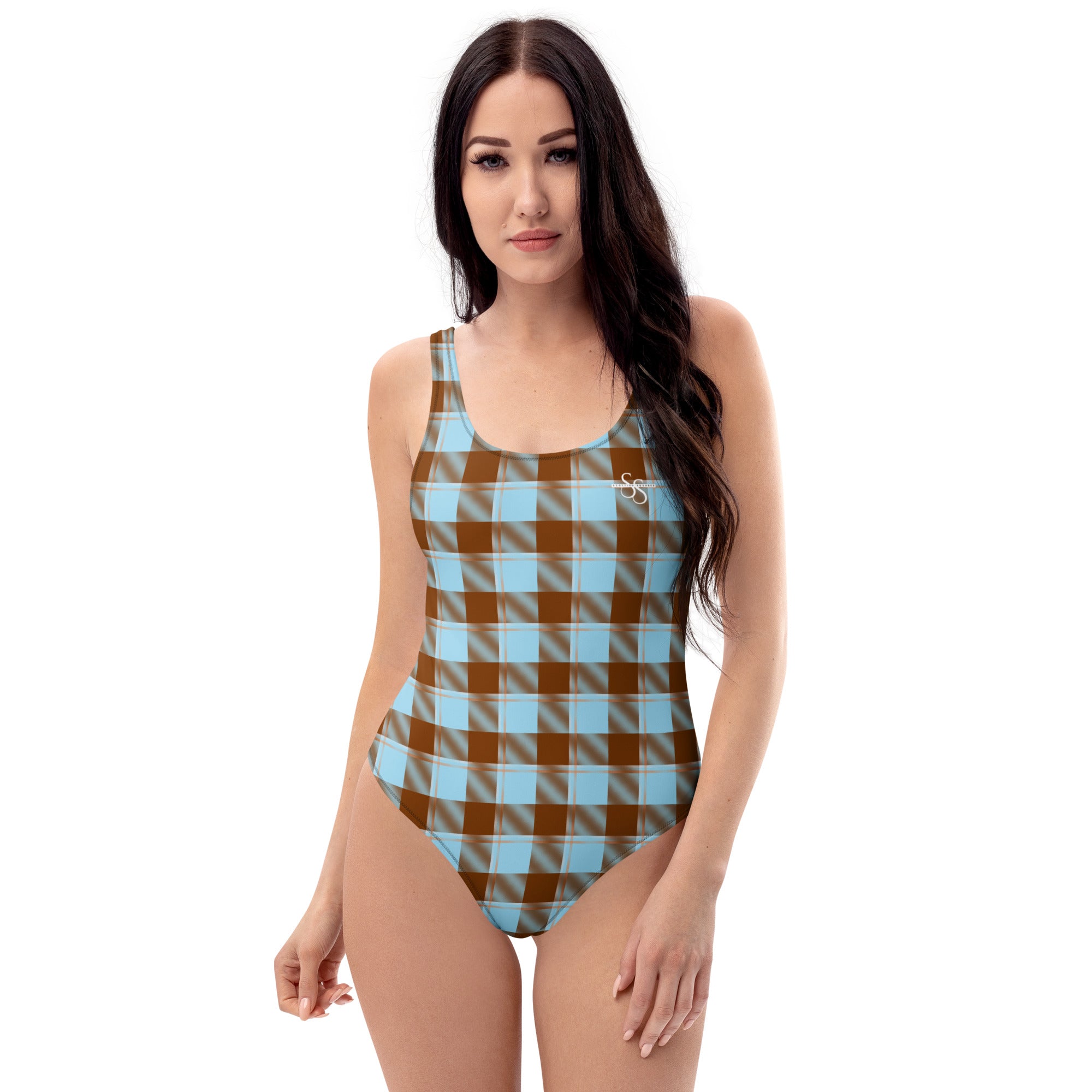 One-Piece Swimsuit Blizzard Blue and Livid Brown Plaid - Scottish Squares