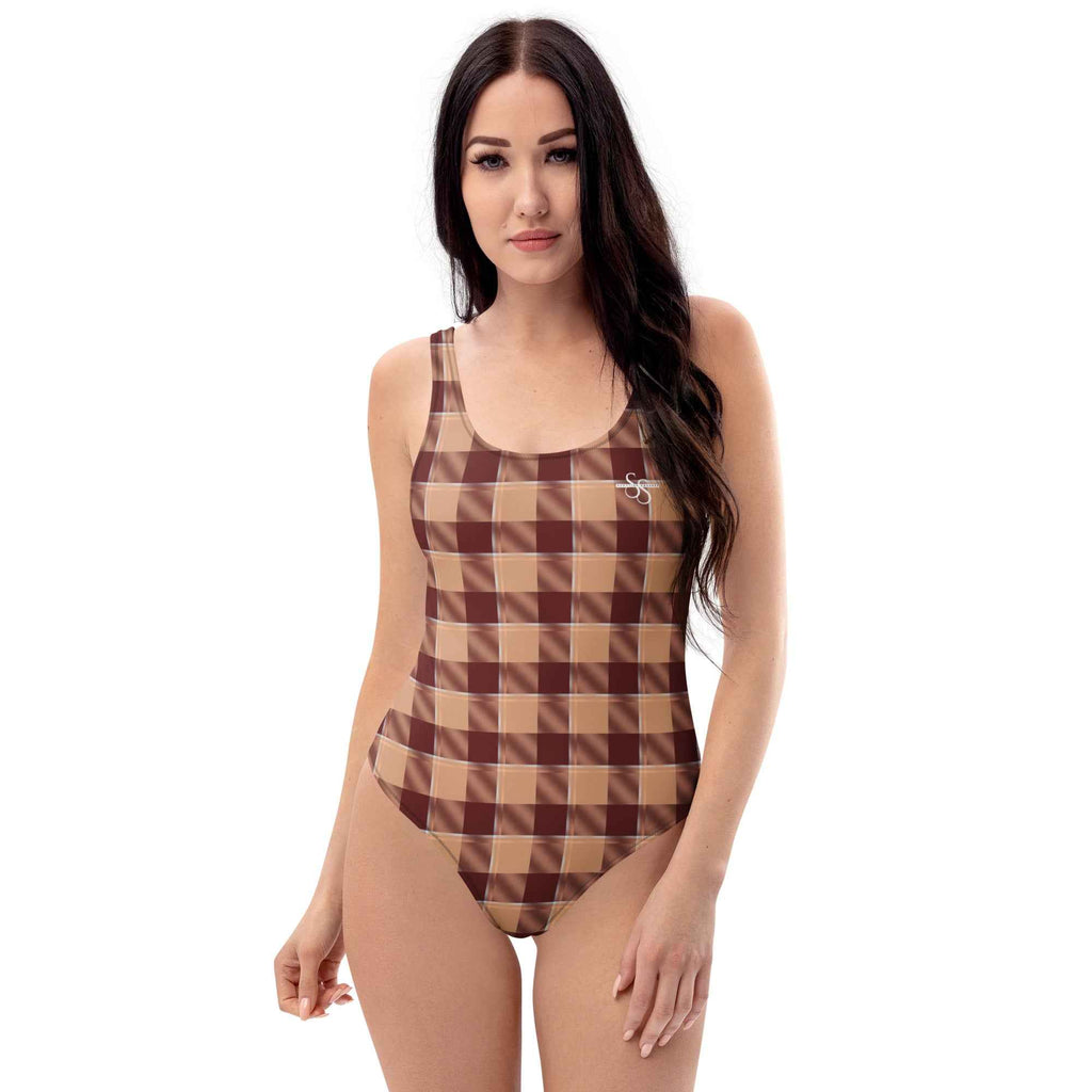 One-Piece Swimsuit Whiskey and Livid Brown Plaid - Scottish Squares