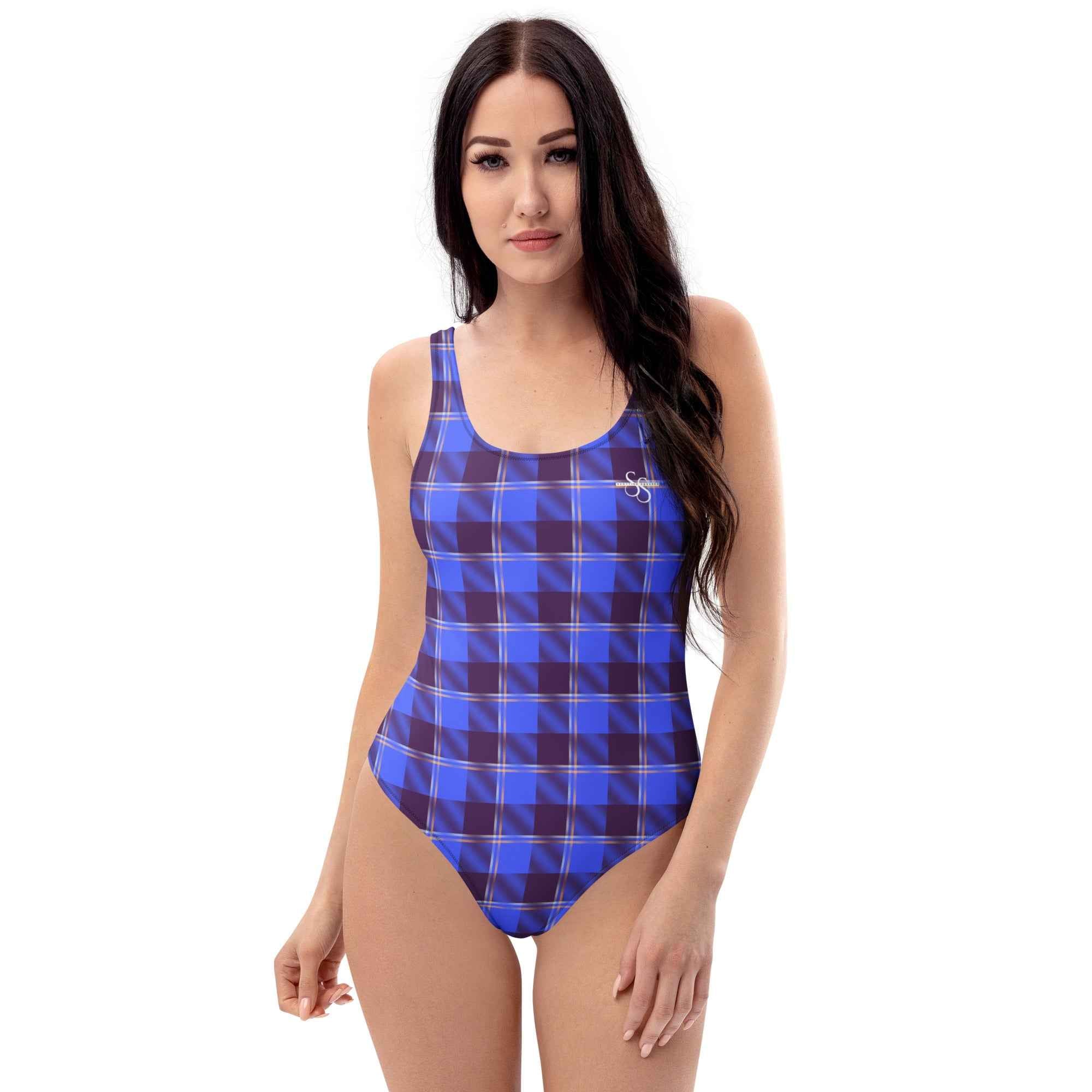One-Piece Swimsuit Cornflower Blue and Livid Brown Plaid - Scottish Squares