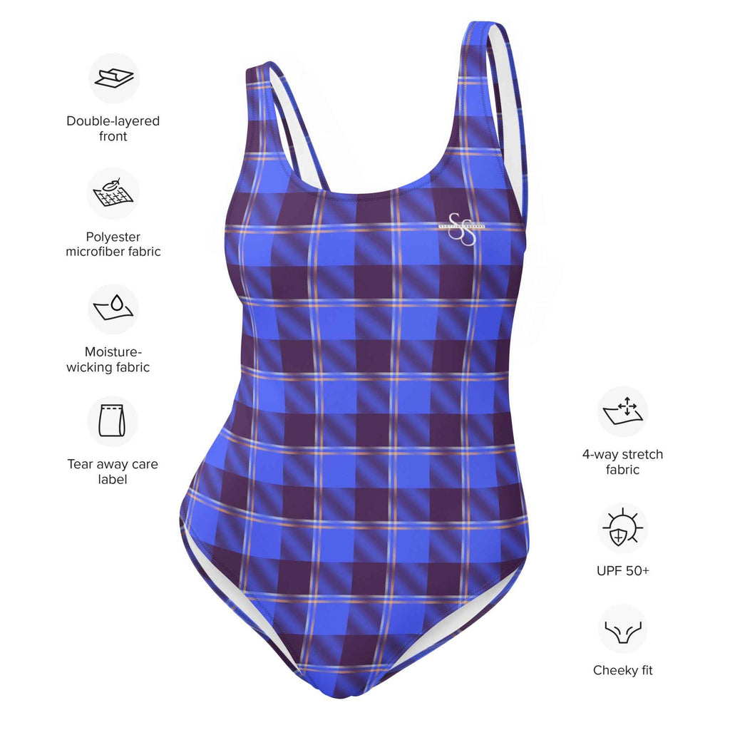 One-Piece Swimsuit Cornflower Blue and Livid Brown Plaid - Scottish Squares
