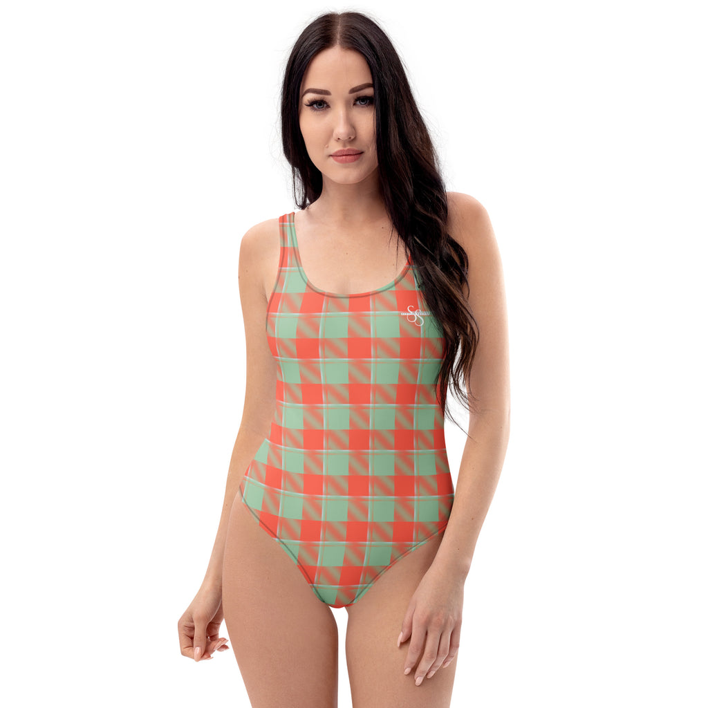 One-Piece Swimsuit Spring Rain and Persimmon Plaid - Scottish Squares