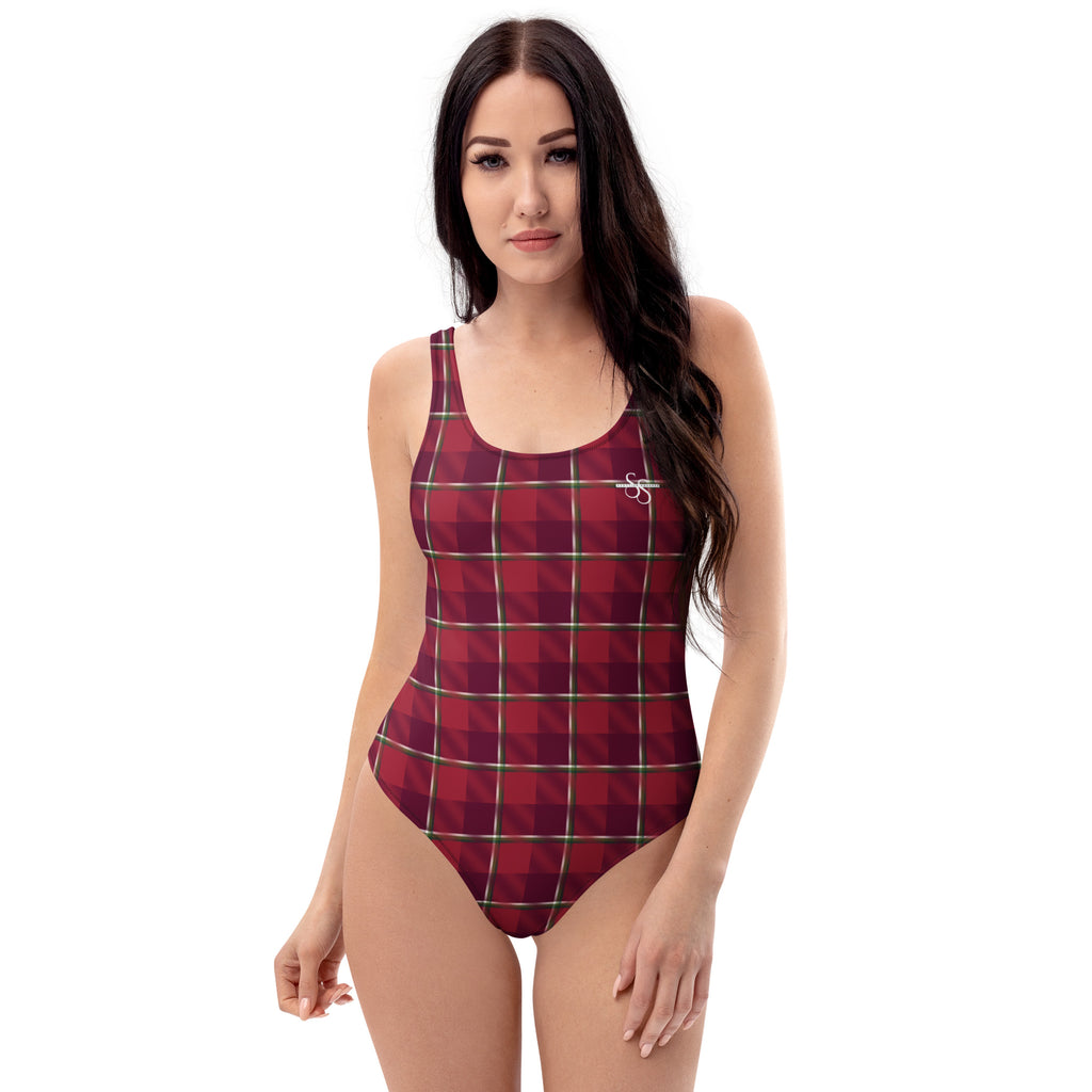 One-Piece Swimsuit Old Brick and Cab Sav Plaid - Scottish Squares