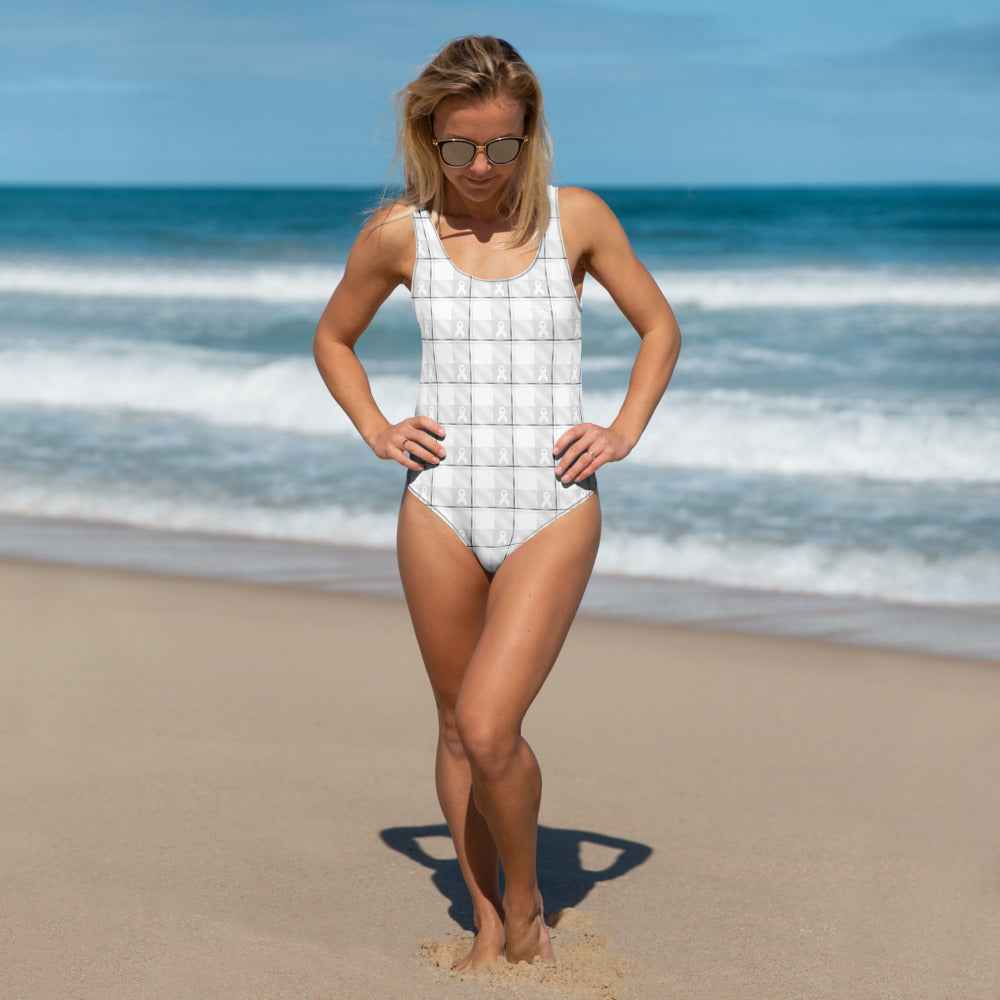 One-Piece Swimsuit Lung Cancer Awareness Plaid, White Ribbon, Supportive Gift 3XL - Scottish Squares