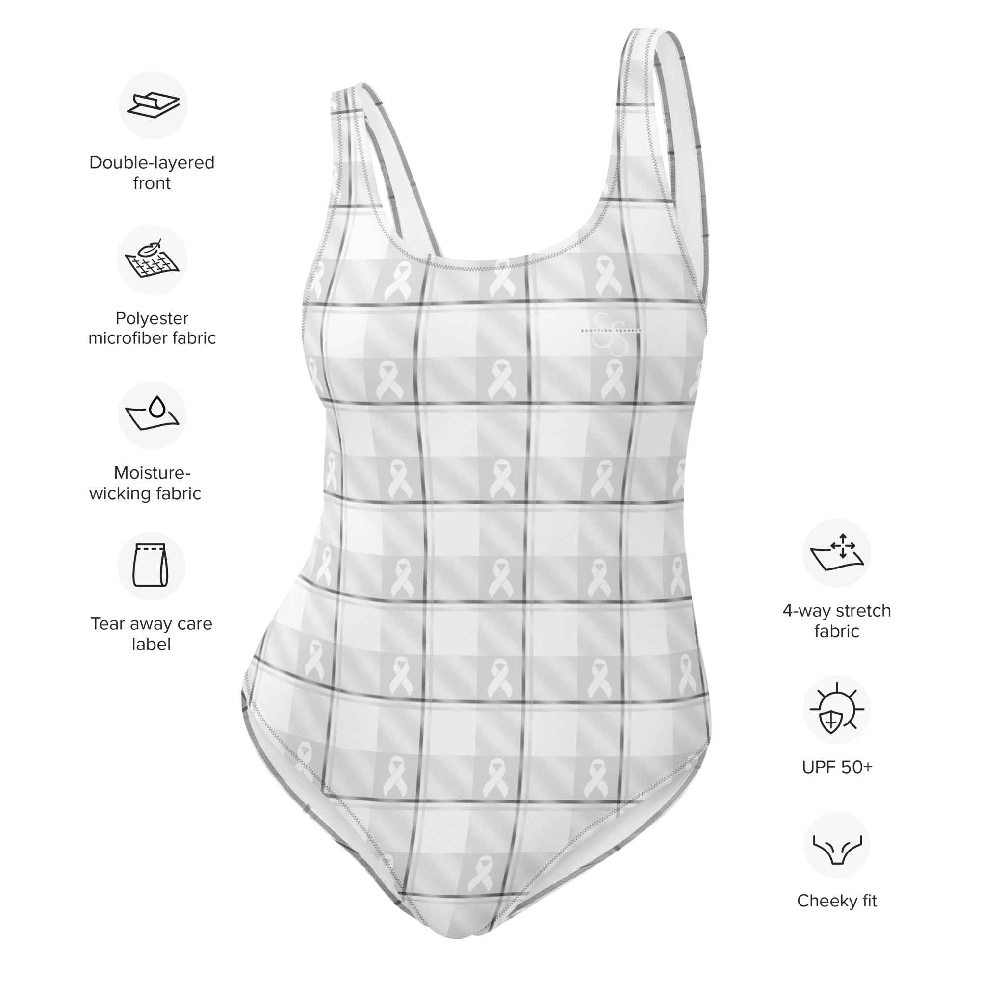 One-Piece Swimsuit Lung Cancer Awareness Plaid, White Ribbon, Supportive Gift - Scottish Squares