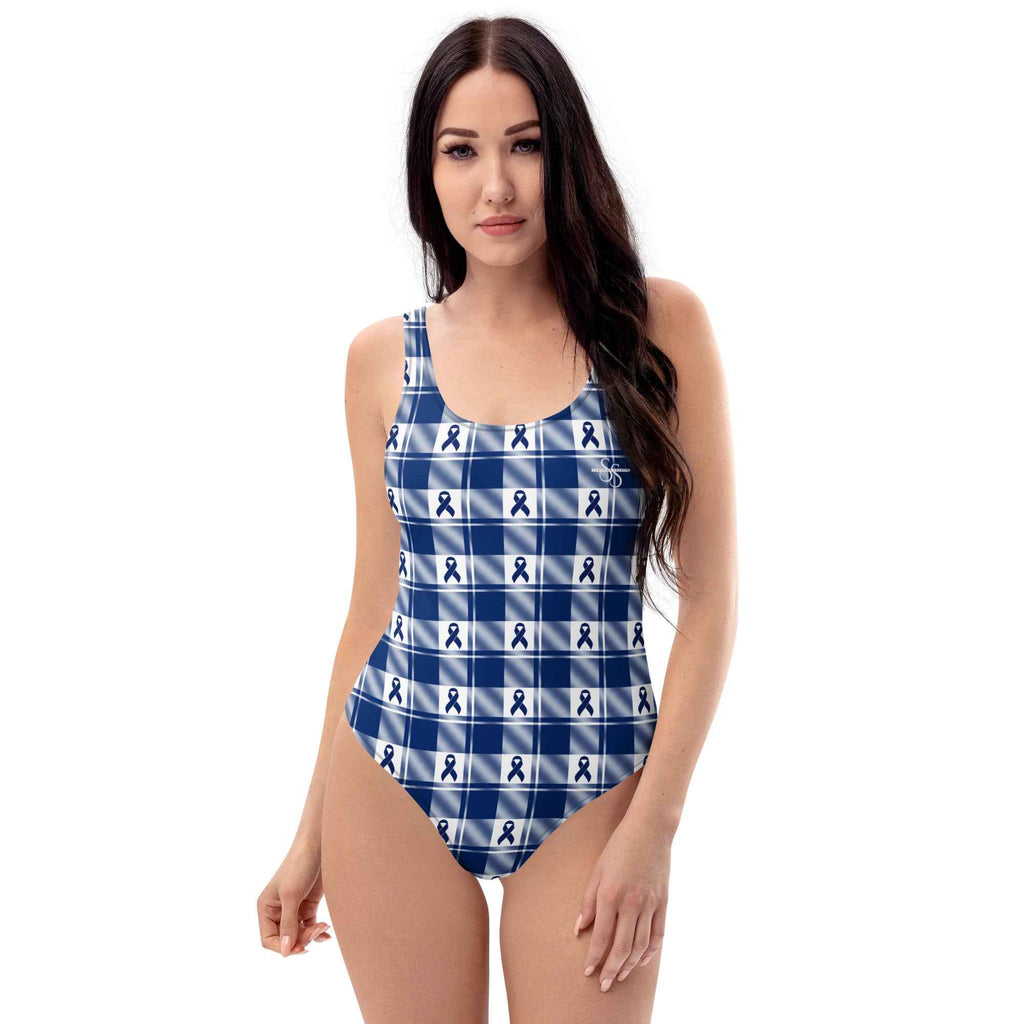 One-Piece Swimsuit Colorectal Cancer Awareness Plaid, Dark Blue Ribbon, Supportive Gift - Scottish Squares