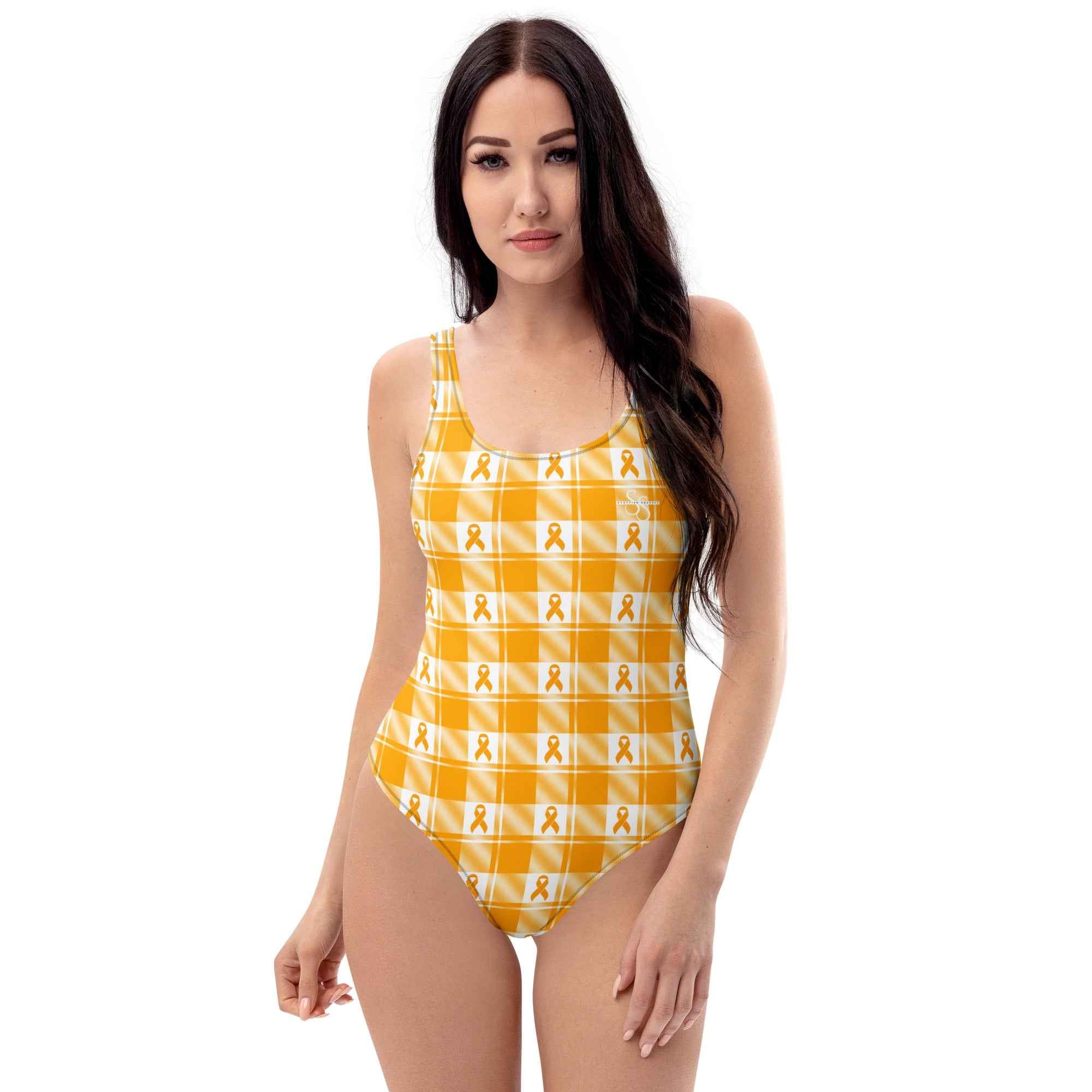 One-Piece Swimsuit Kidney Cancer Awareness Plaid, Orange Ribbon, Supportive Gift - Scottish Squares