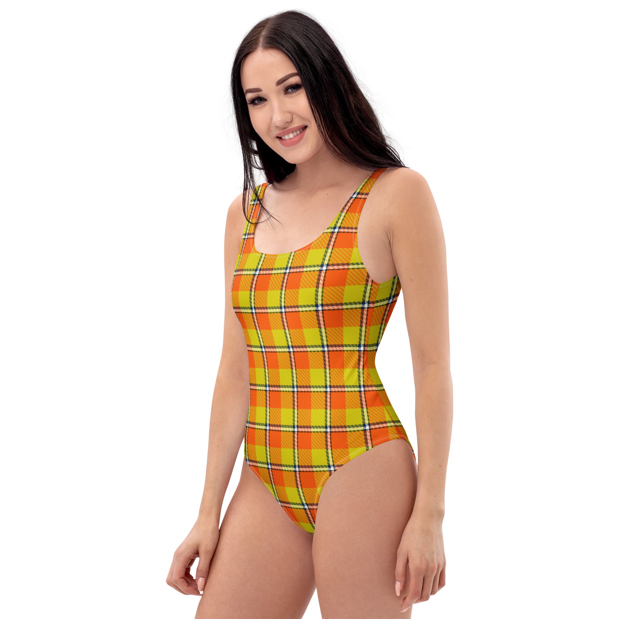 Blaze Orange and Bird Flower Plaid One-Piece Swimsuit – Stylish Swimwear for Women - Scottish Squares