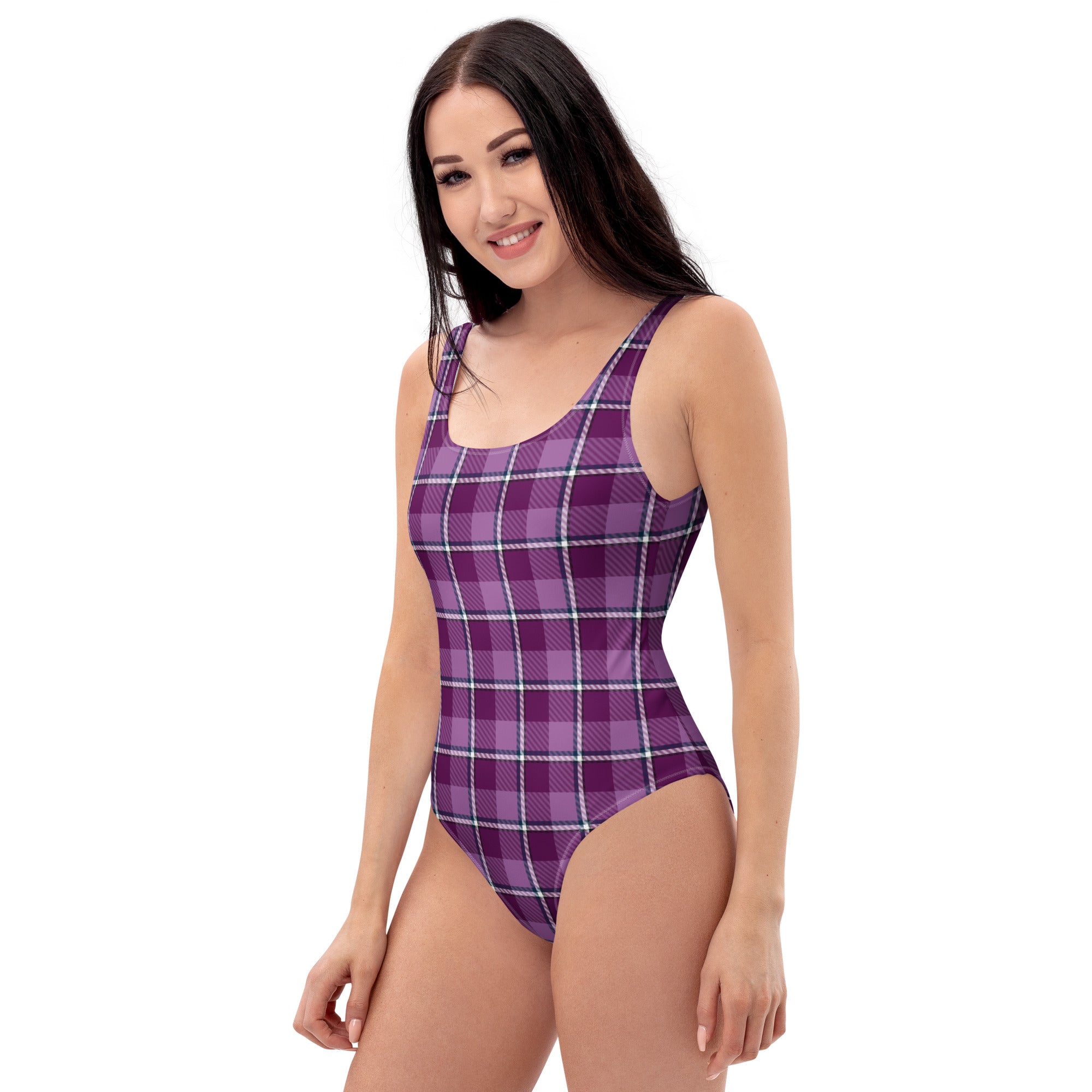 Purple and Trendy Pink Plaid One-Piece Swimsuit – Stylish Swimwear for Women - Scottish Squares