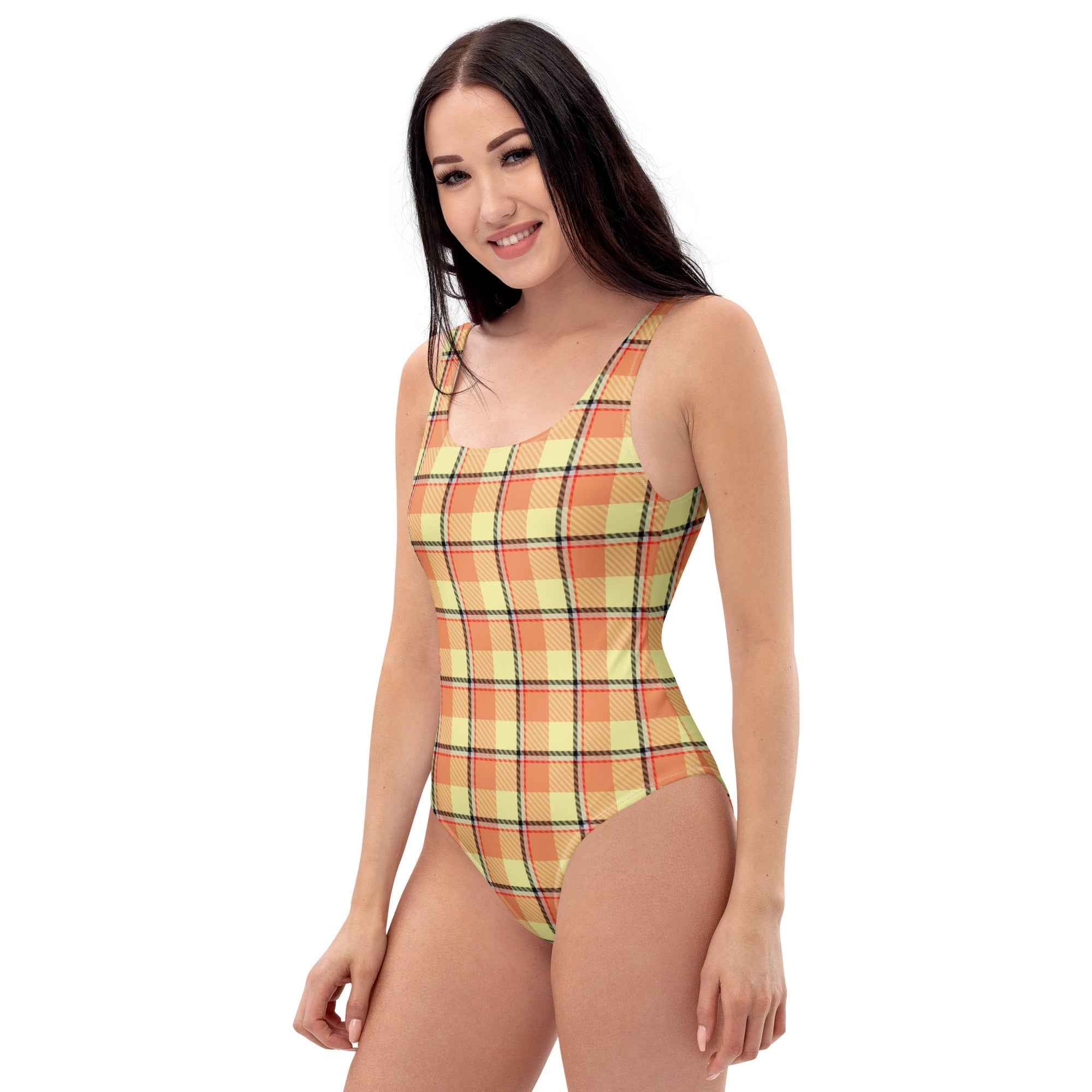 Claystone and Morning Mist Plaid One-Piece Swimsuit – Stylish Swimwear for Women - Scottish Squares
