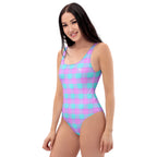 One-Piece Swimsuit Mauve and Coastal Mist Plaid - Scottish Squares
