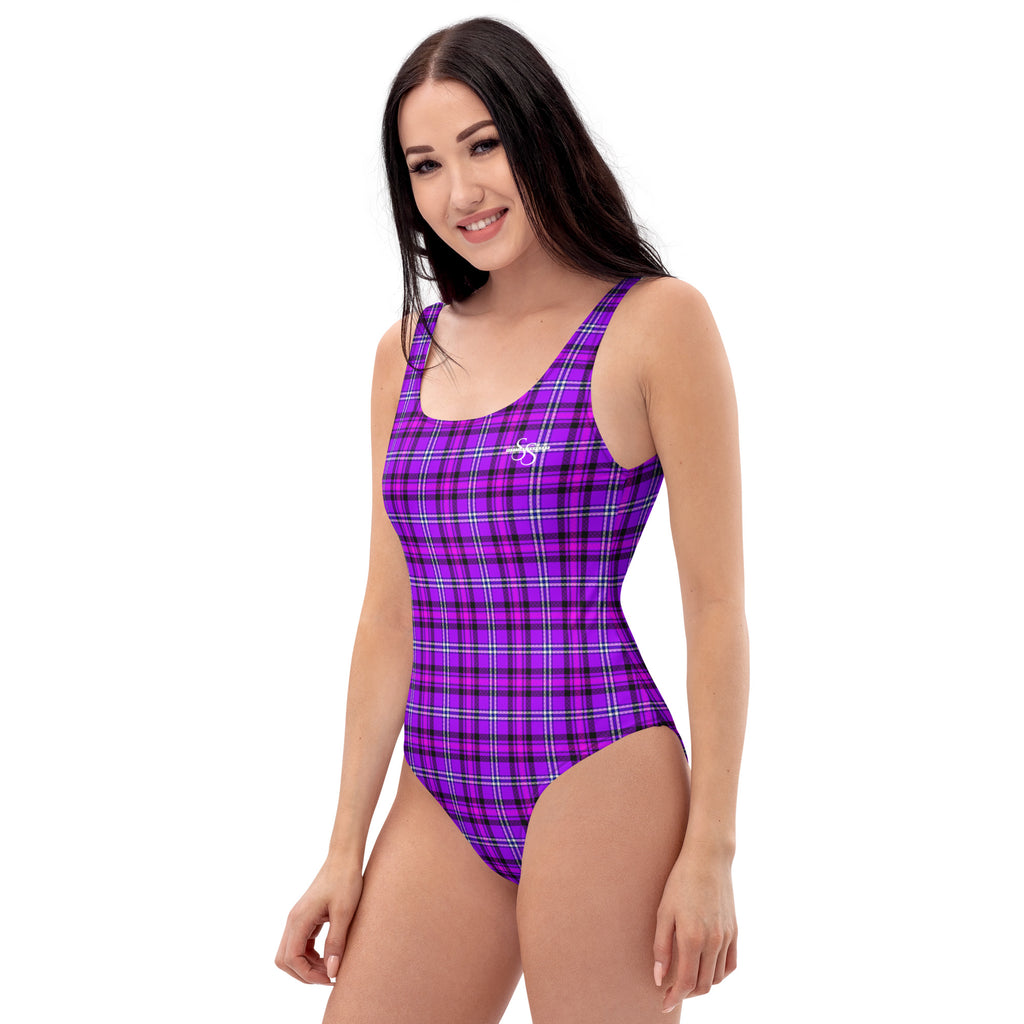 One-Piece Swimsuit Electric Violet and Fuchsia Plaid - Scottish Squares
