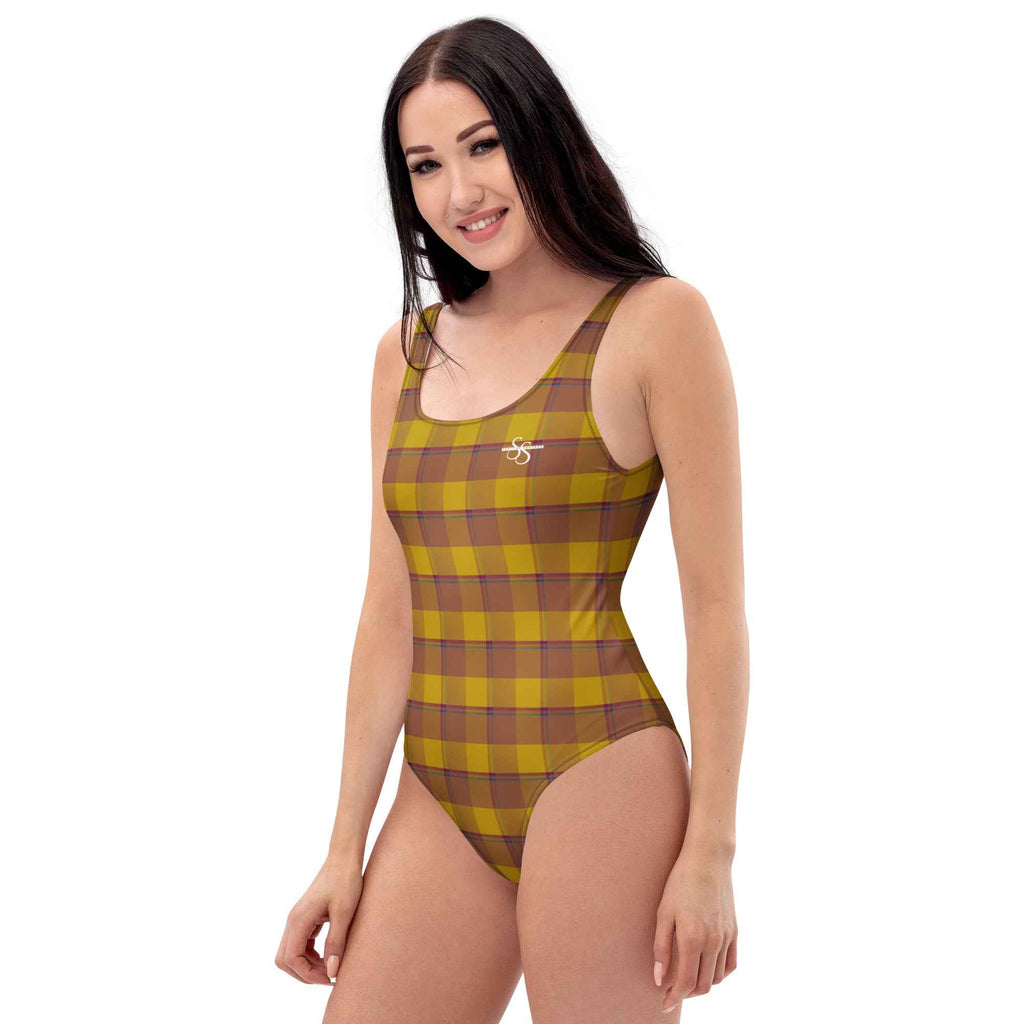 One-Piece Swimsuit Potters Clay and Pizza Plaid - Scottish Squares
