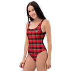 One-Piece Swimsuit Red Ribbon and Heavy Metal Plaid - Scottish Squares