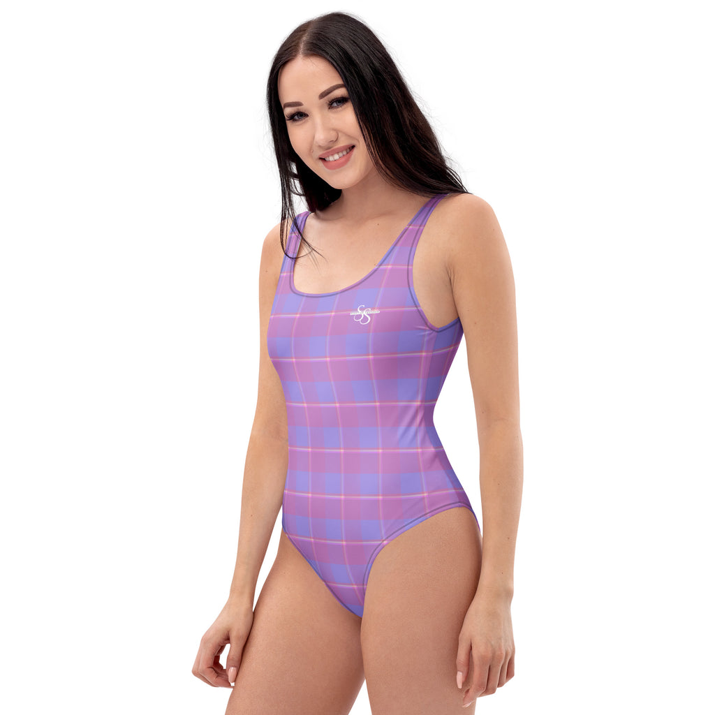 One-Piece Swimsuit Viola and Dull Lavender Plaid - Scottish Squares