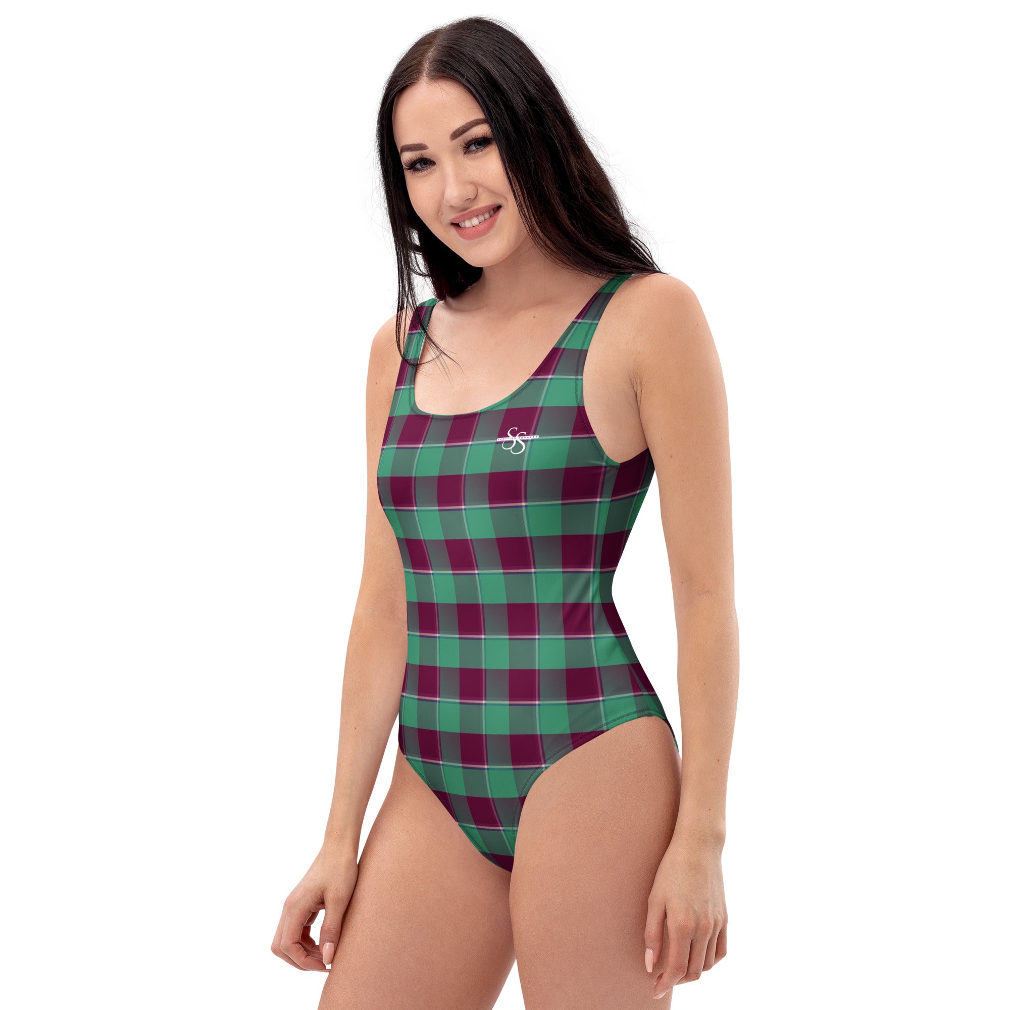 One-Piece Swimsuit Ocean Green and Mulberry Wood Plaid - Scottish Squares