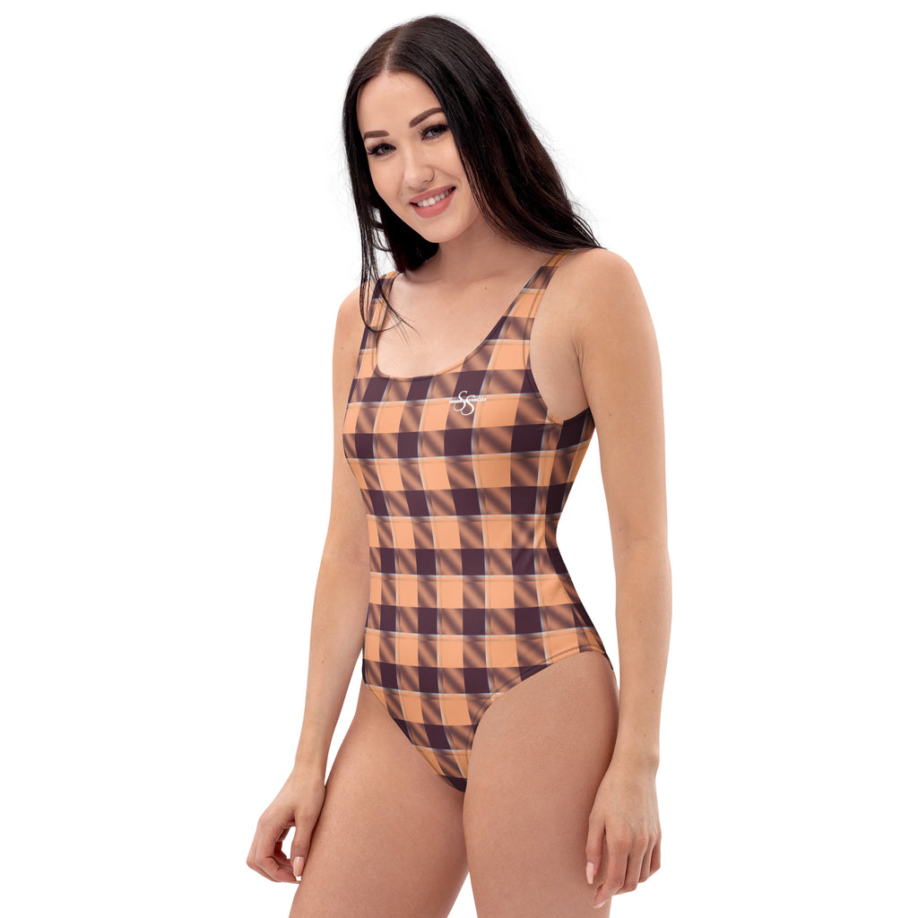 One-Piece Swimsuit Hit Pink and Livid Brown Plaid - Scottish Squares