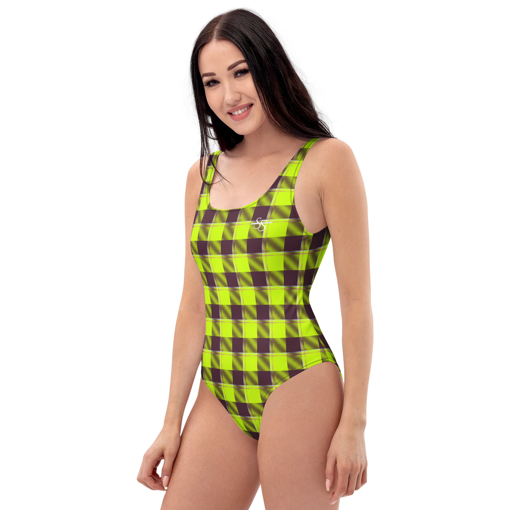 One-Piece Swimsuit Electric Lime and Livid Brown Plaid - Scottish Squares