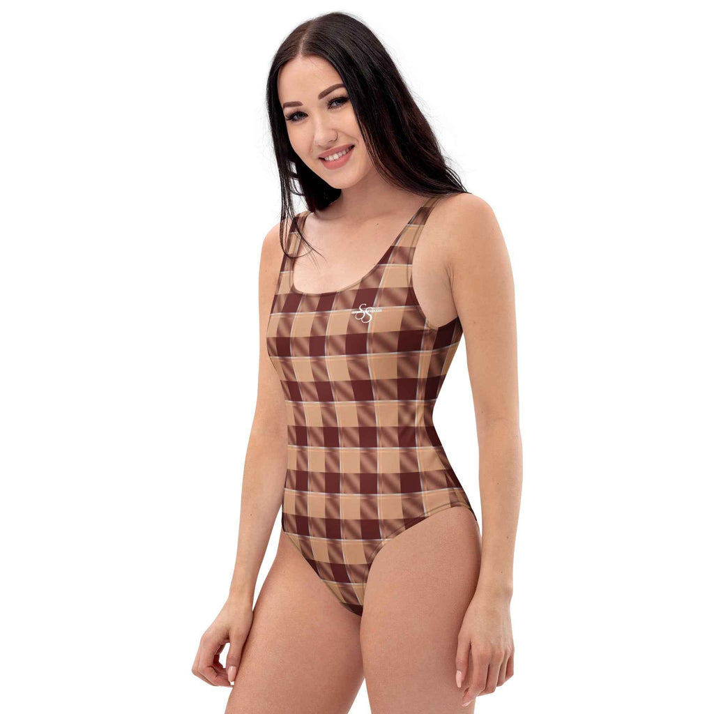 One-Piece Swimsuit Whiskey and Livid Brown Plaid - Scottish Squares
