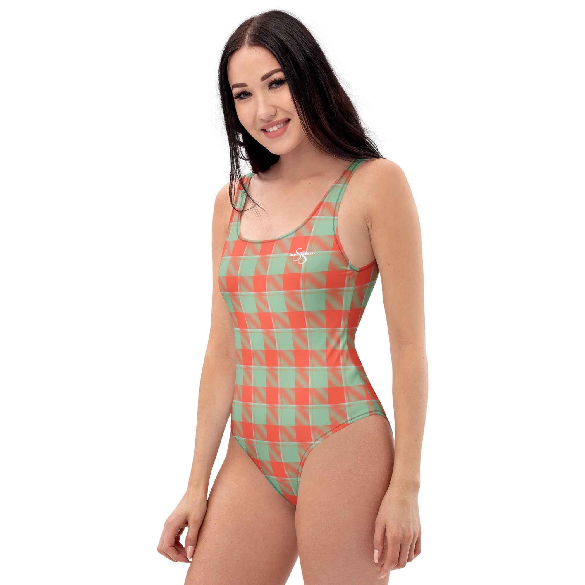 One-Piece Swimsuit Spring Rain and Persimmon Plaid - Scottish Squares