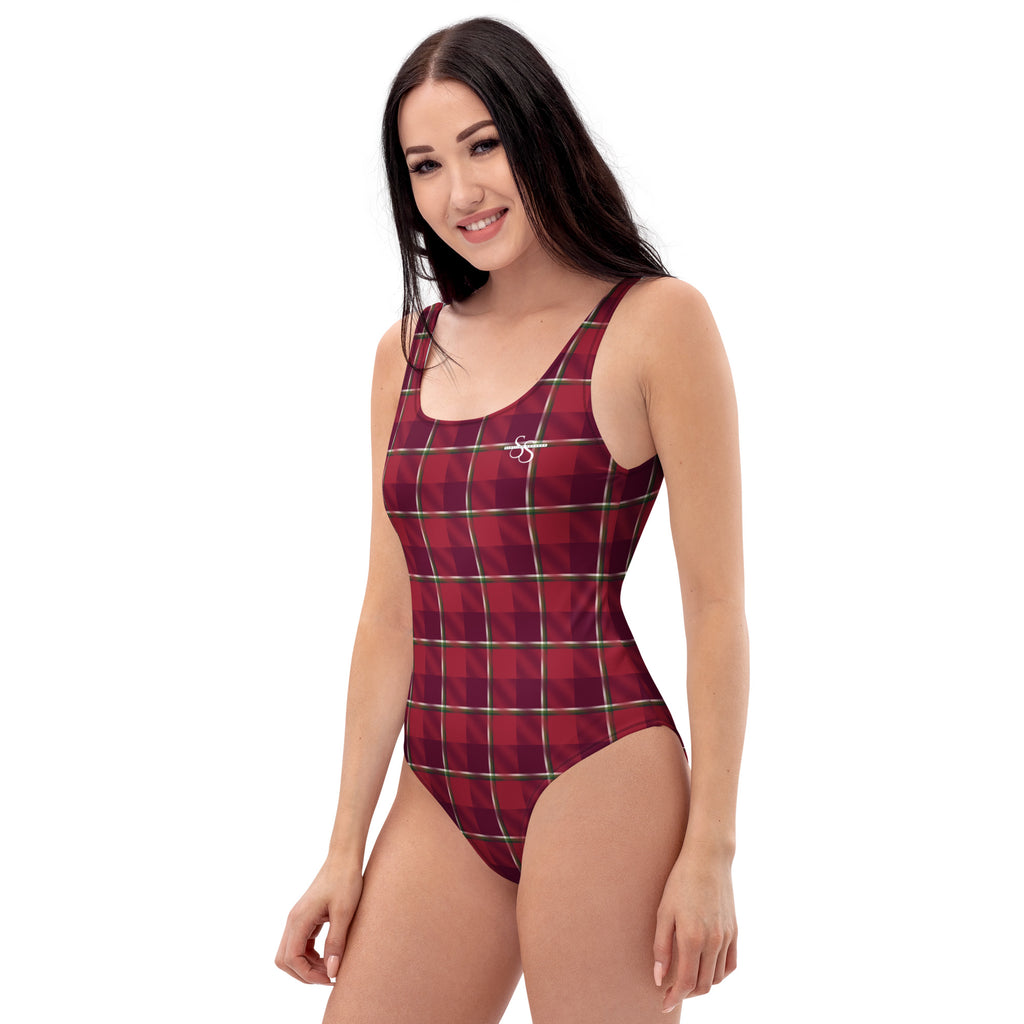 One-Piece Swimsuit Old Brick and Cab Sav Plaid - Scottish Squares