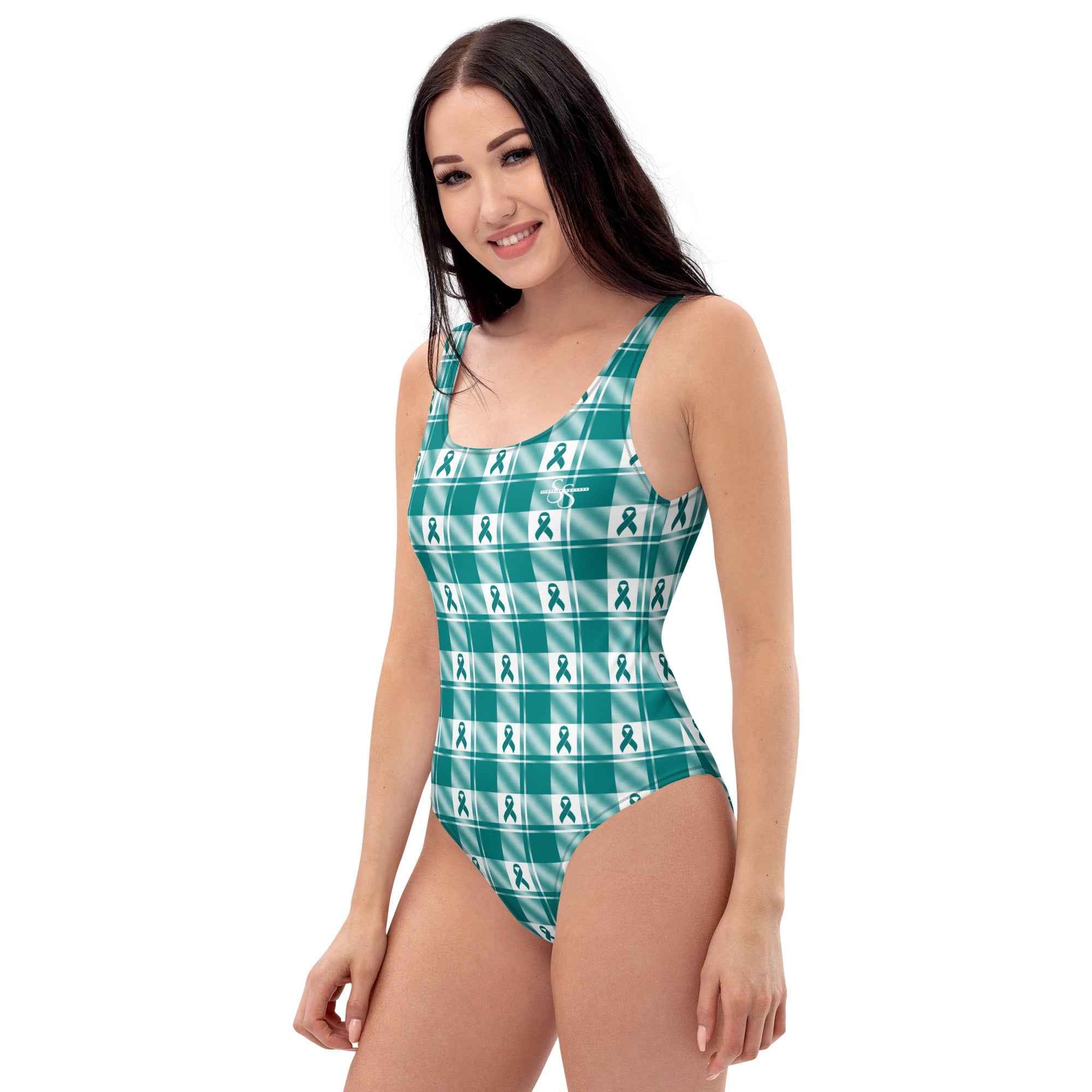 One-Piece Swimsuit Cervical Cancer Awareness Plaid, Teal Ribbon, Supportive Gift - Scottish Squares