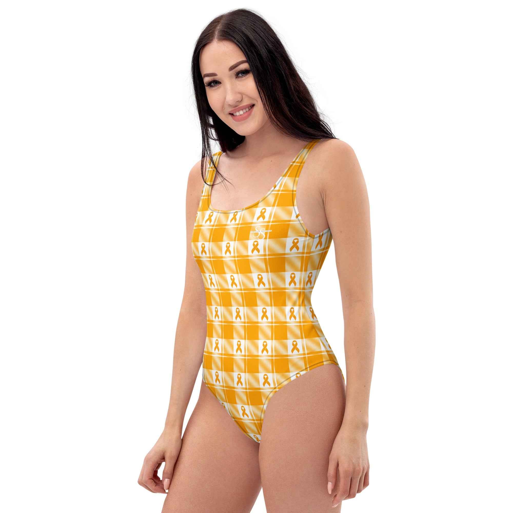 One-Piece Swimsuit Kidney Cancer Awareness Plaid, Orange Ribbon, Supportive Gift - Scottish Squares